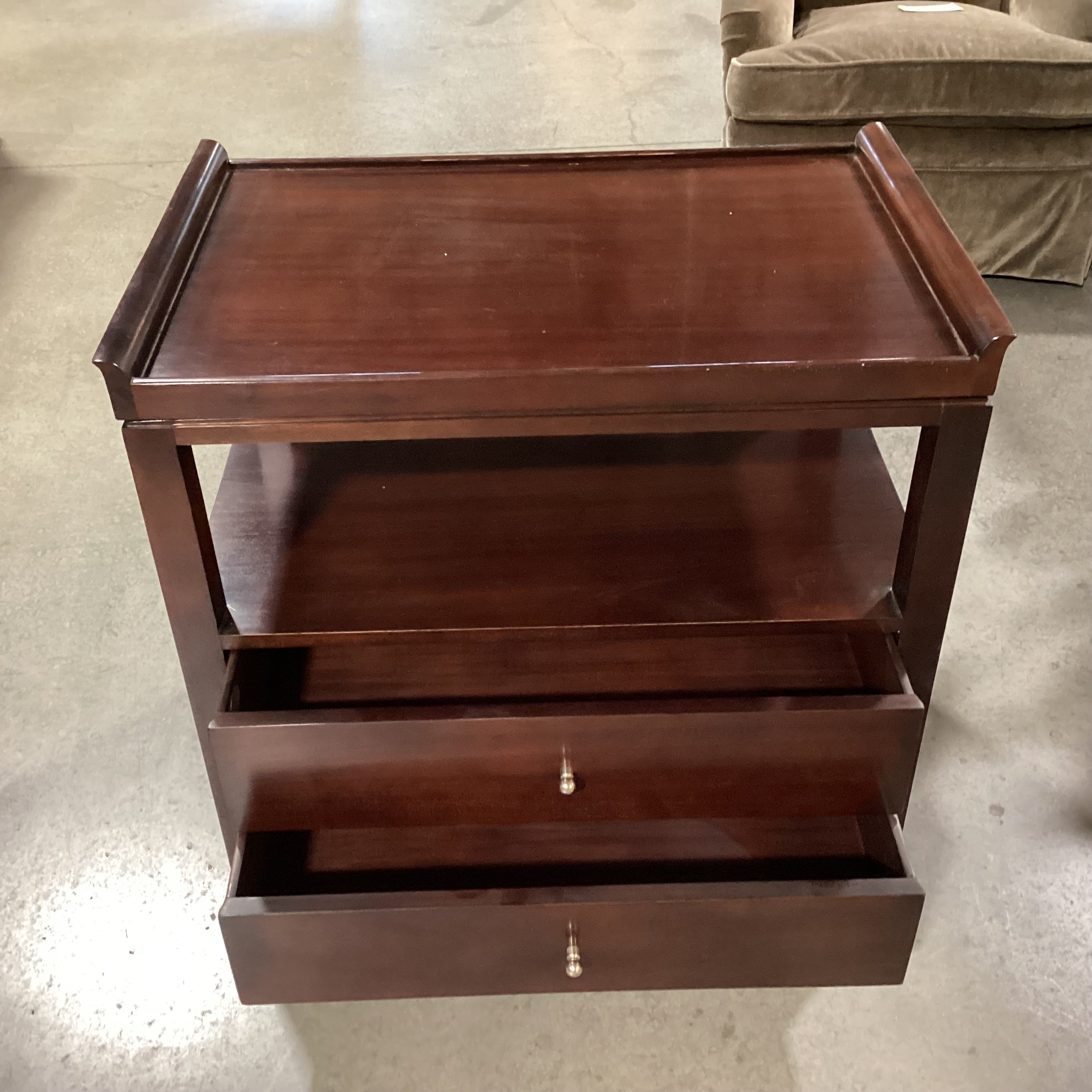 Baker Furniture Mahogany 2 Drawer with Open Shelf & Tray Top End Table 30.5"x 20"x 29.5"