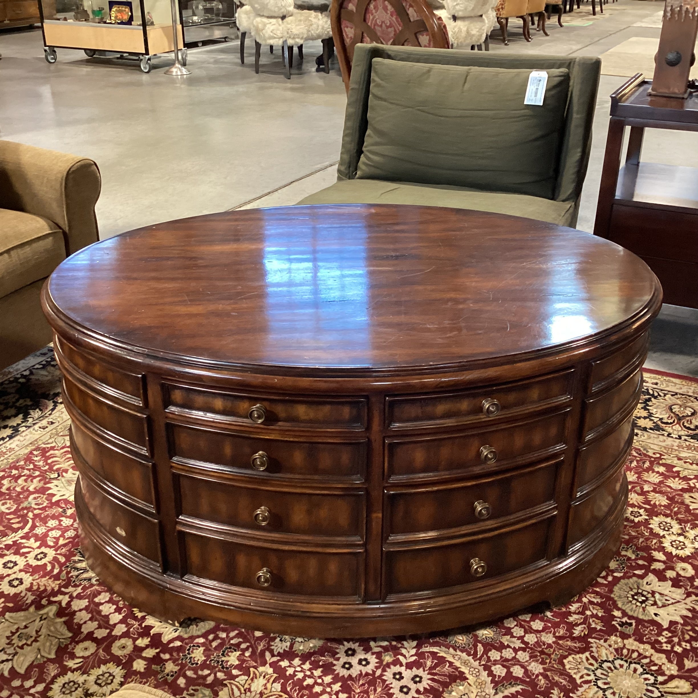 Theodore Alexander Style Oval Dark Finish 10 Drawer Coffee Table 48"x 36"x 23"