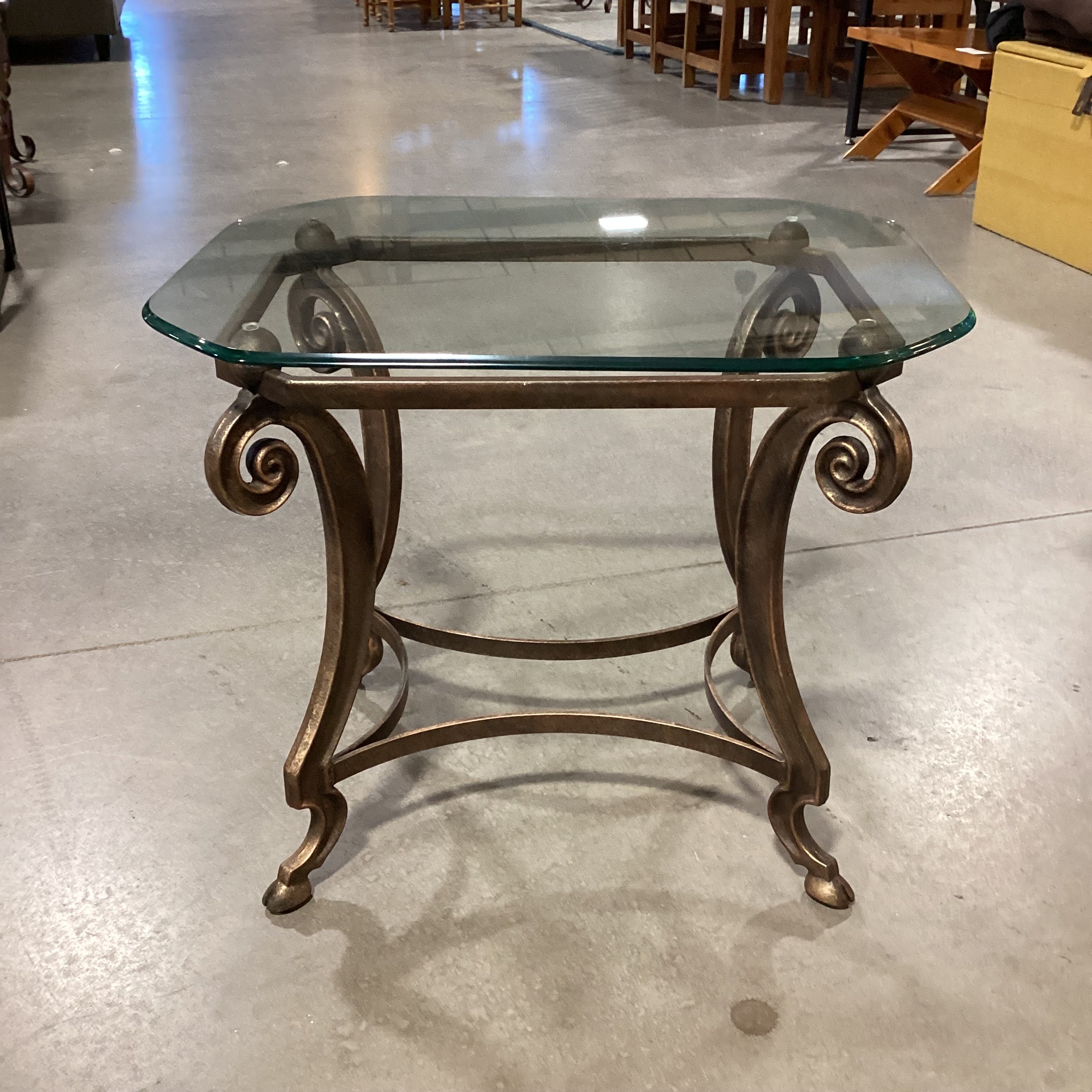 Ornate Iron with Gilded Finish and Glass Top End Table 28"x 22"x 24"