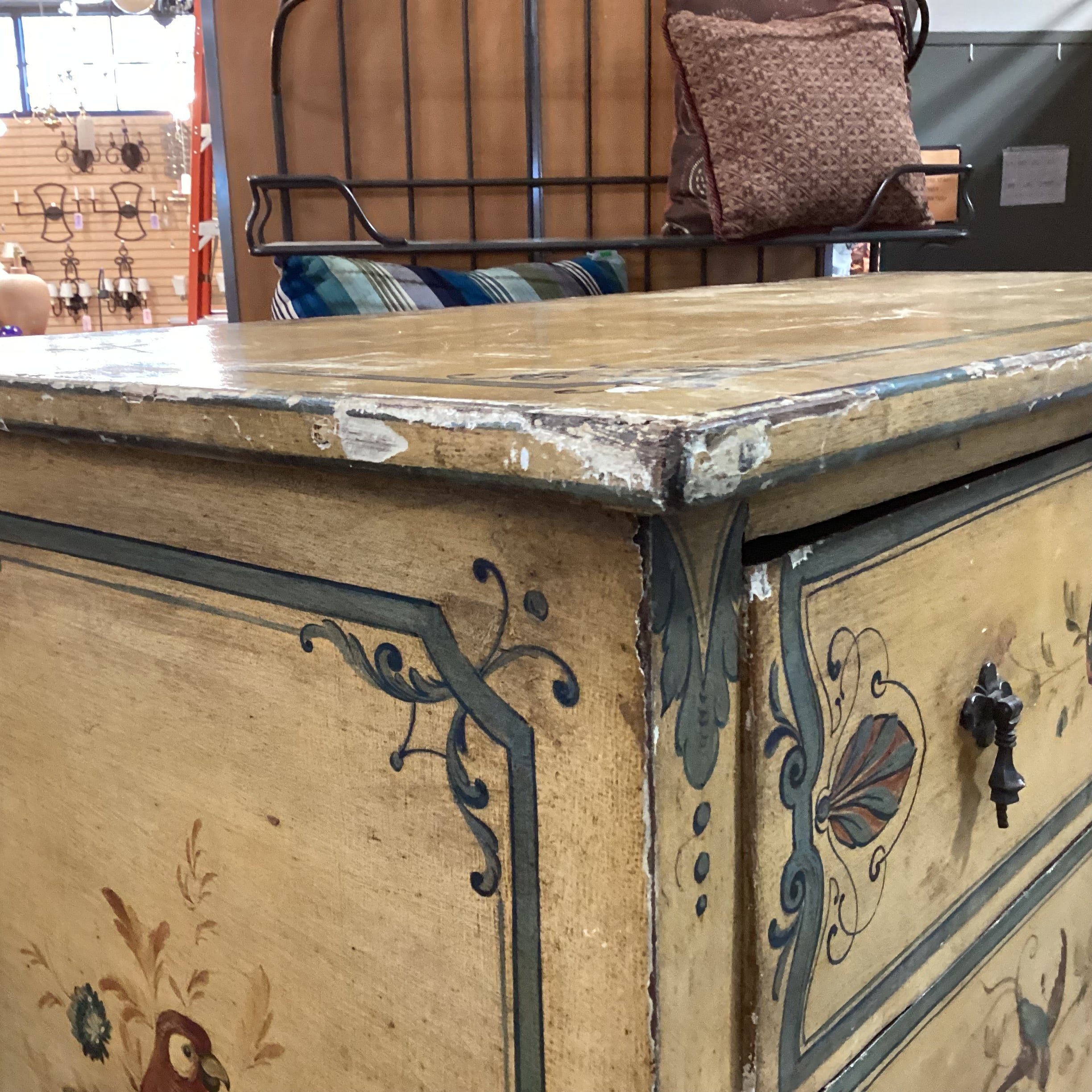 Antique Spindle Leg Hand Painted Bird & Floral 3 Drawer Chest 42"x 19"x 55"