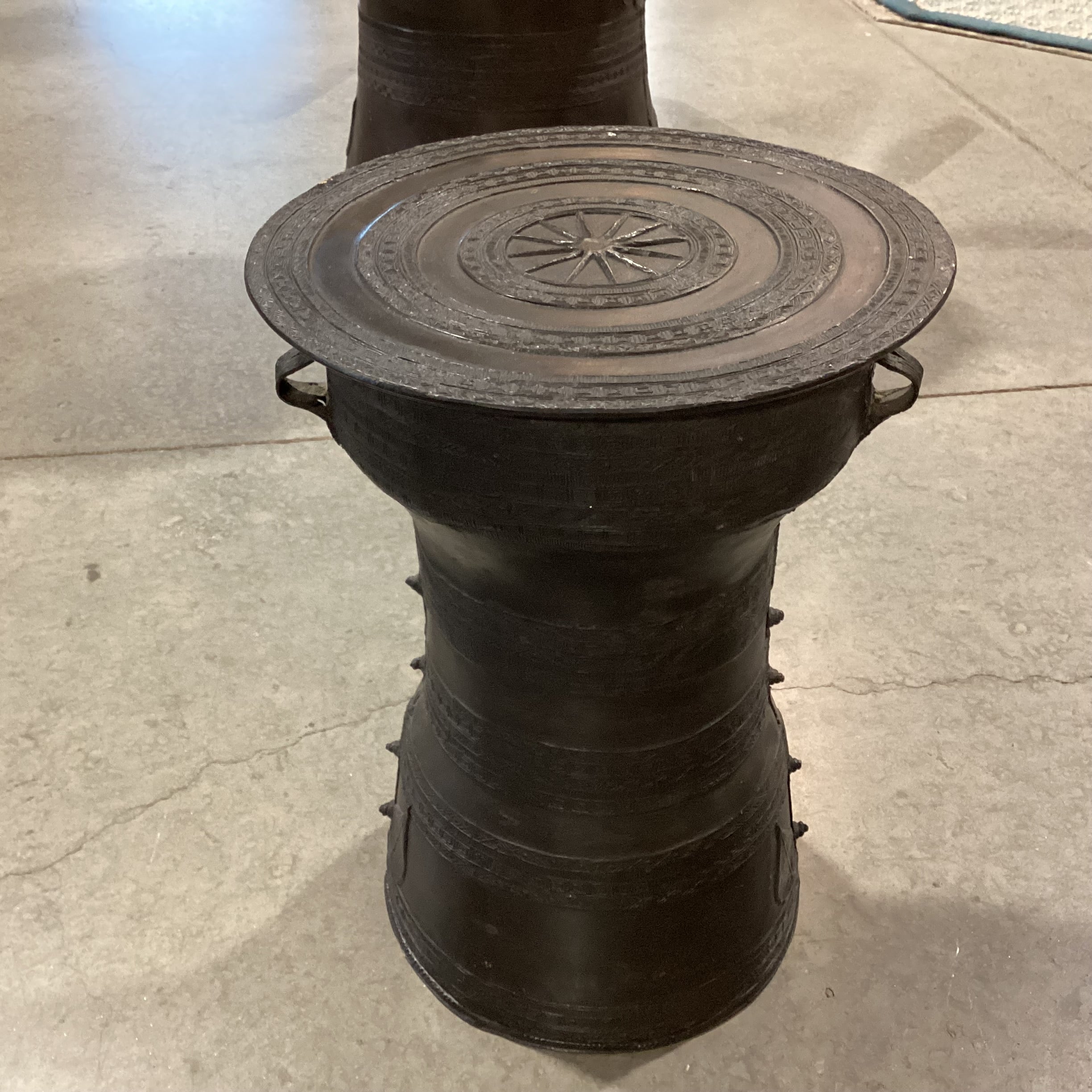 Asian Bronze Rain Drum Style Accent Table 13" Diameter x 18"