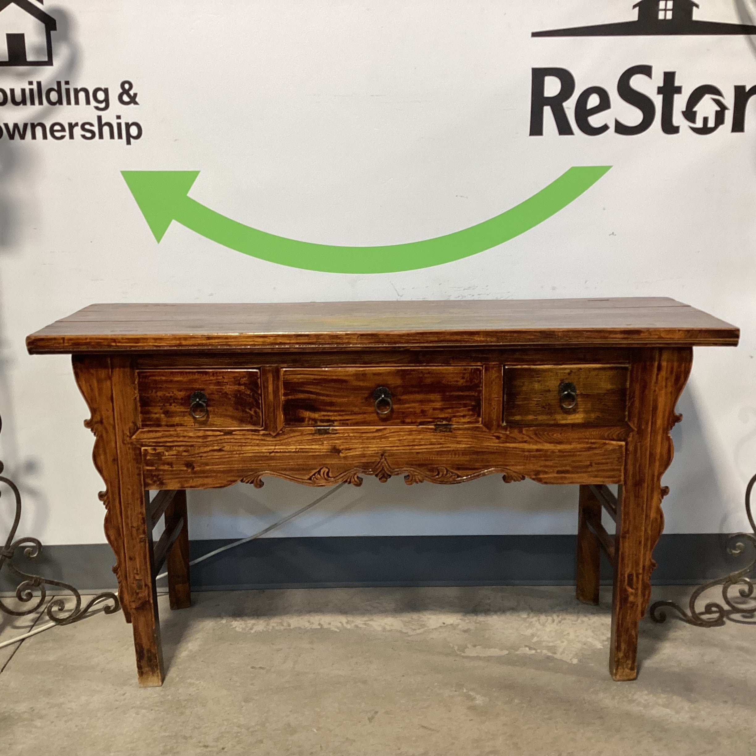 Vintage Antique Asian Carved Wood 3 Drawer Console Sofa Table 61.5"x 20"x 35"