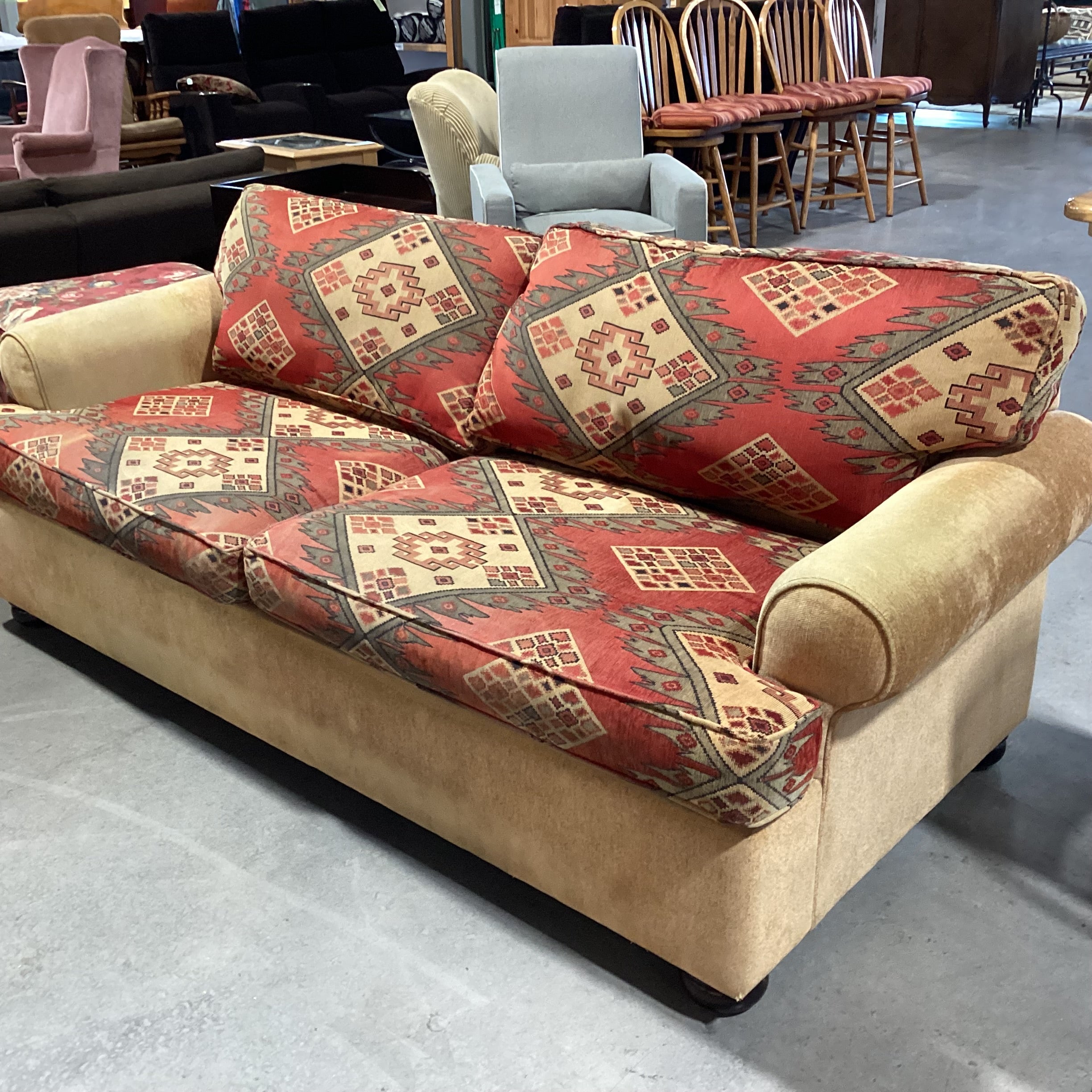 Southwest Red & Gold Upholstered Queen Sleeper Sofa 85"x 38"x 29"