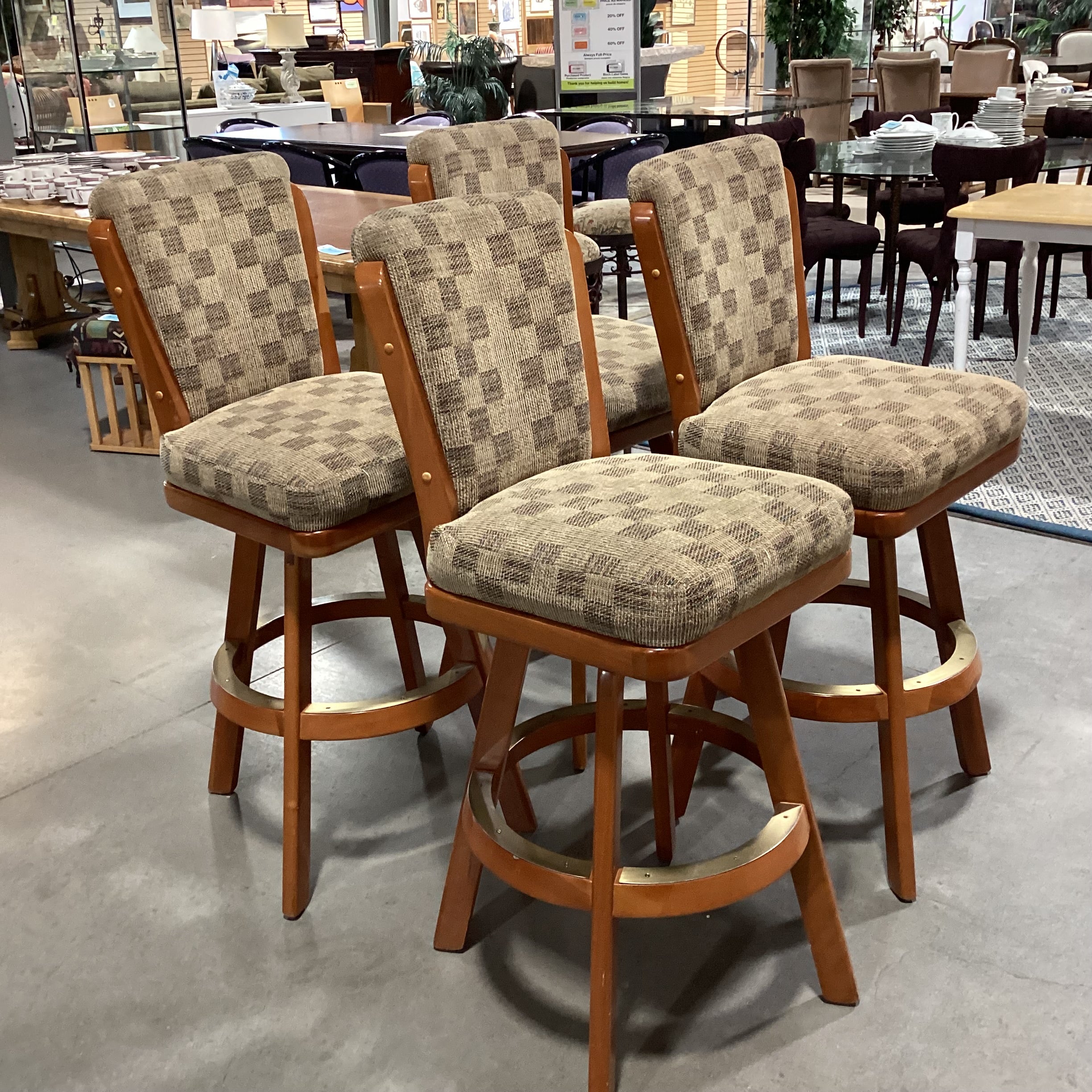 SET of 4 Wood with Checkered Upholstery Brass Plate Foot Rest Swivel Barstool 31"