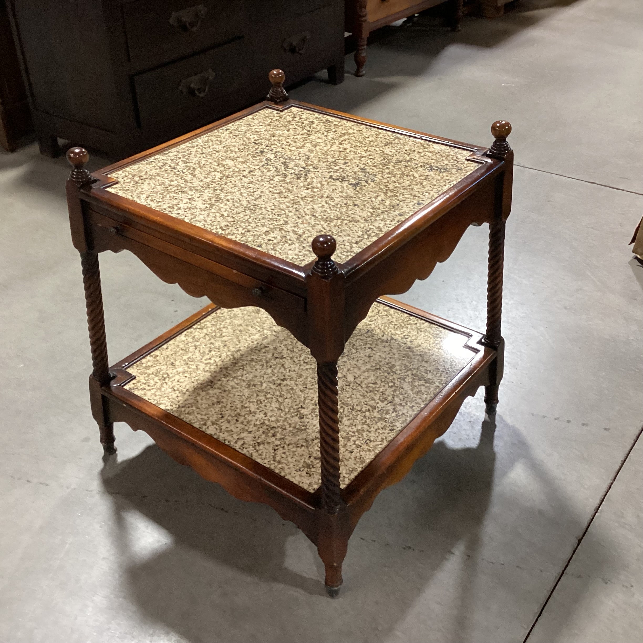 Spindle Carved wood & Granite 2 Tiered Accent Table 24"x 24"x 27"