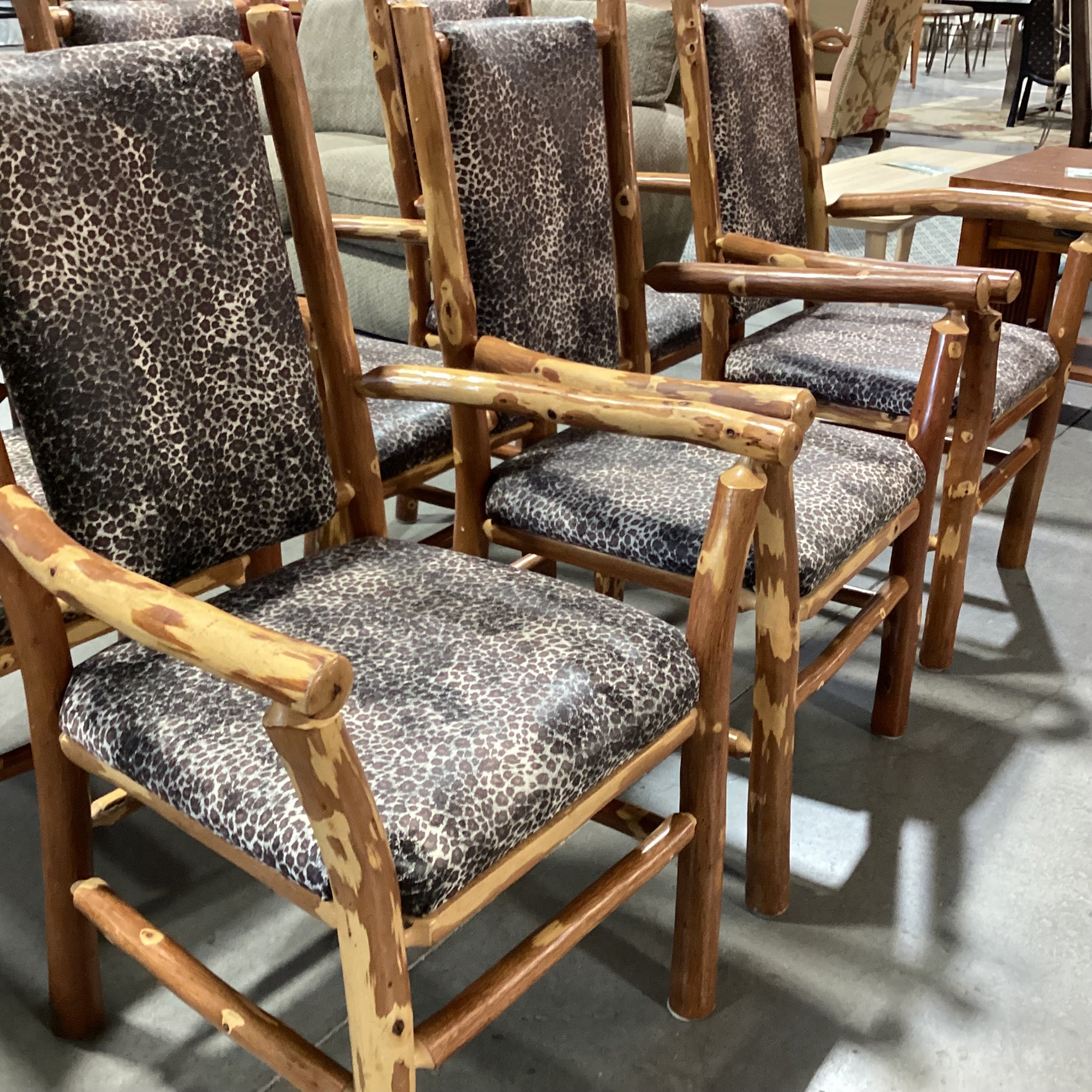 SET of 6 Peeled Style Log & Animal Print Armed Dining Chairs 24"x 24"x 39"