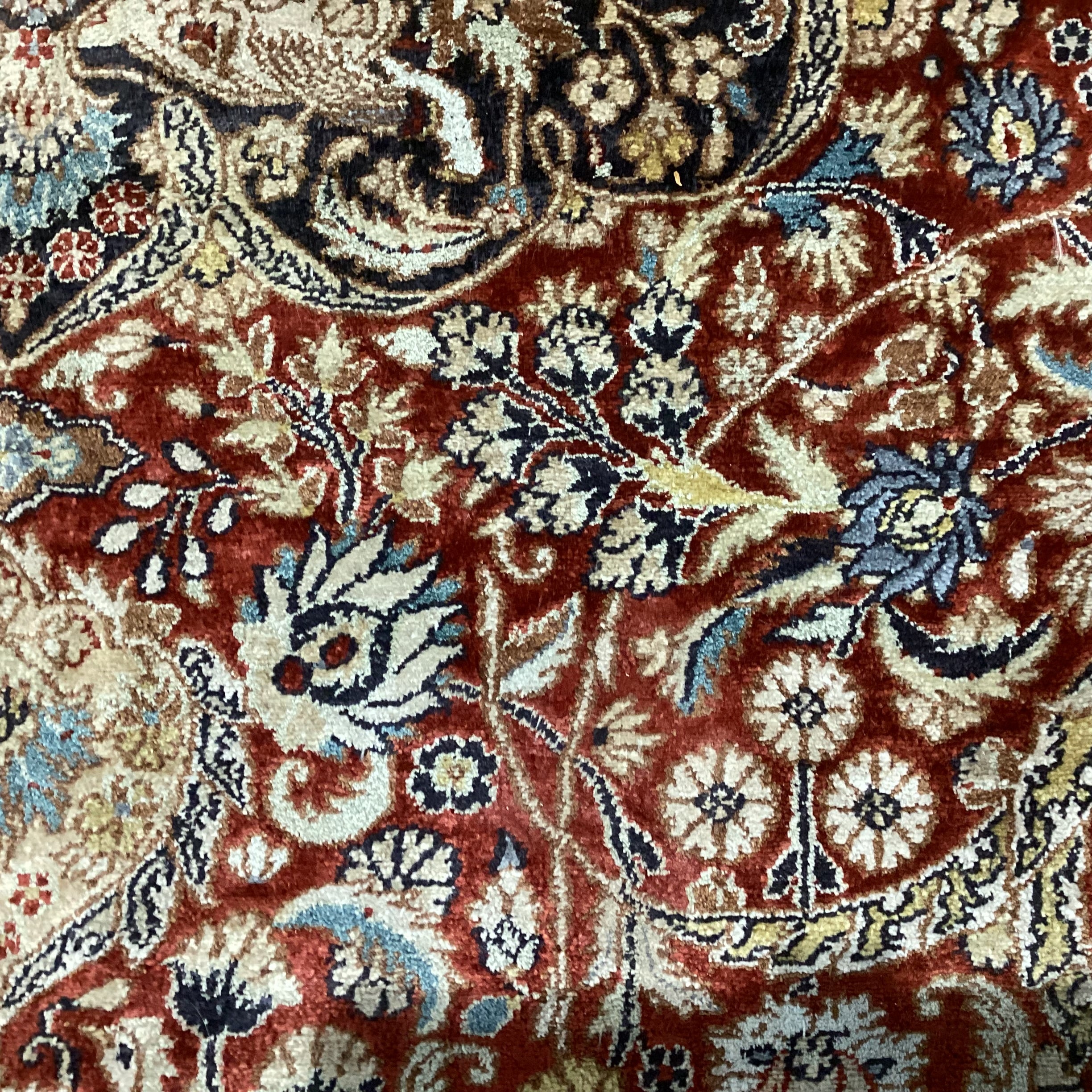 Persian Cream Rust Red Black & Blue Hand Woven Silk Rug 8'1"x 10'1"