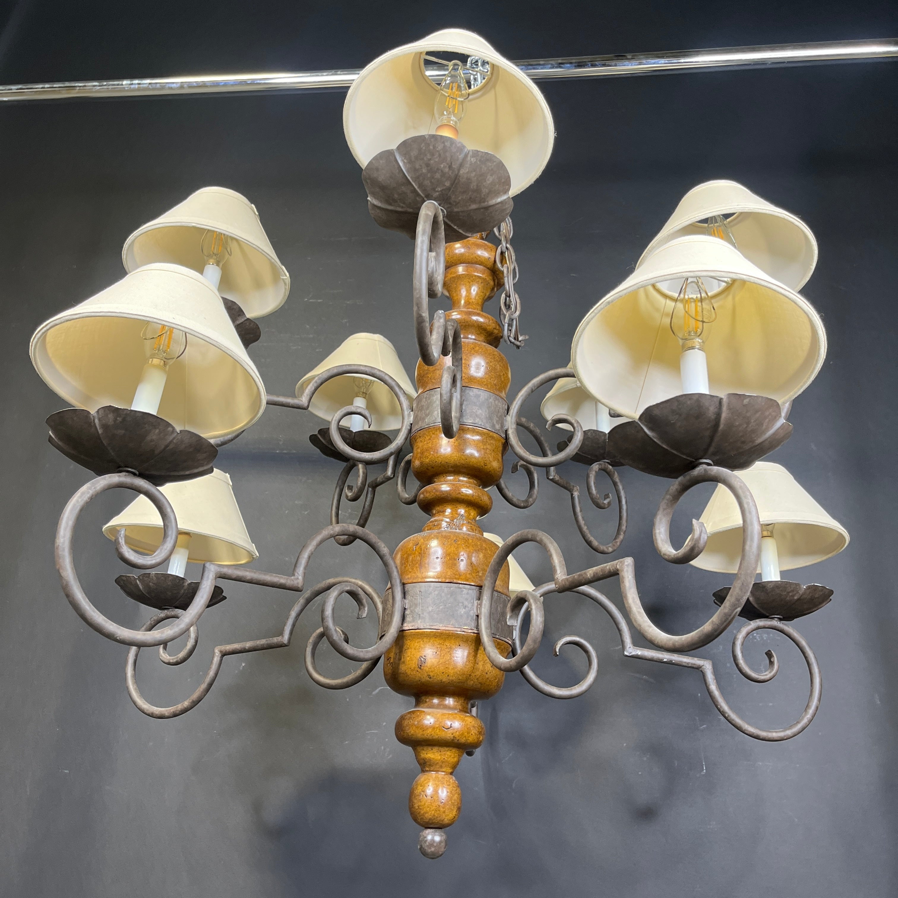 Vintage Romantic Tiered 10-Light Medium Finish Wood and Bronze Metal Arms with Shades Chandelier 40”x 35” - 54”