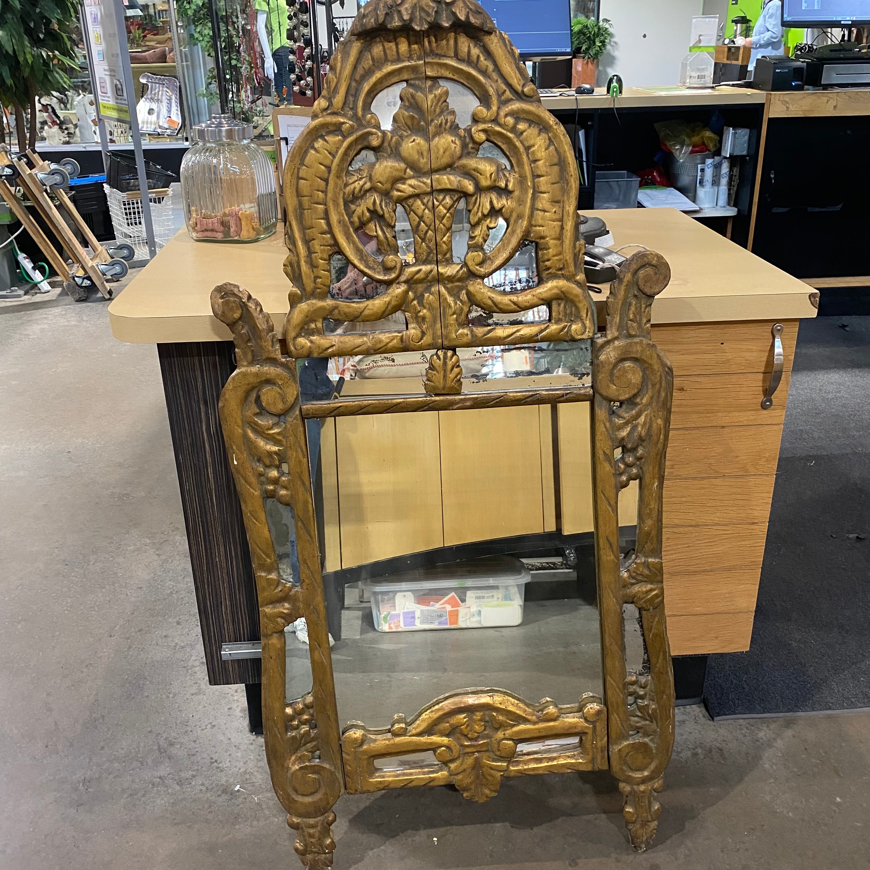 Heavy Antique Carved Gold-Gilt Wood Neoclassical Style Wall Mirror 25.5"x 52"