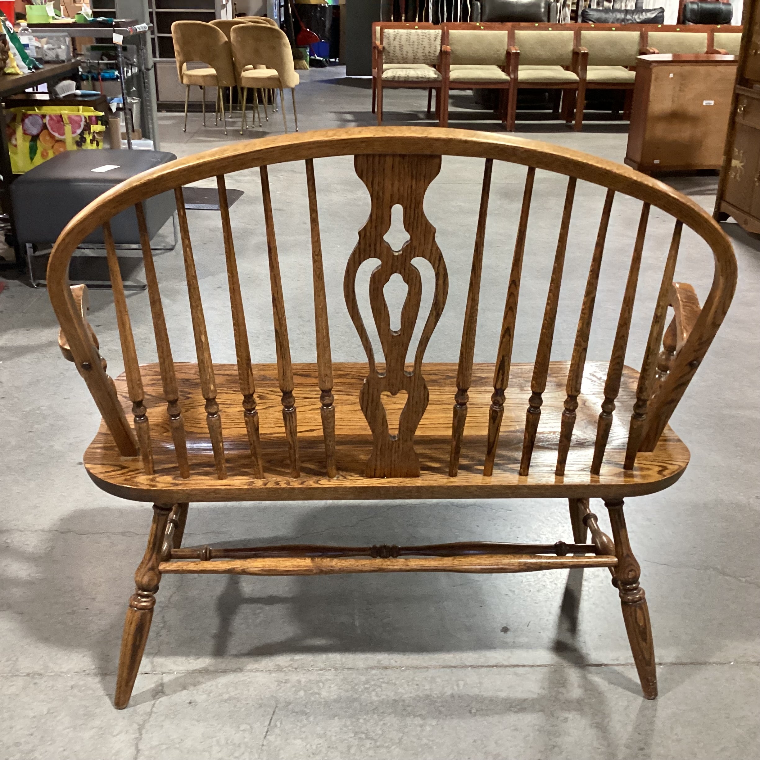 Dinaire Buffalo NY Vintage Antique Solid Oak Windsor Style Bench 43"x 20"x 38"
