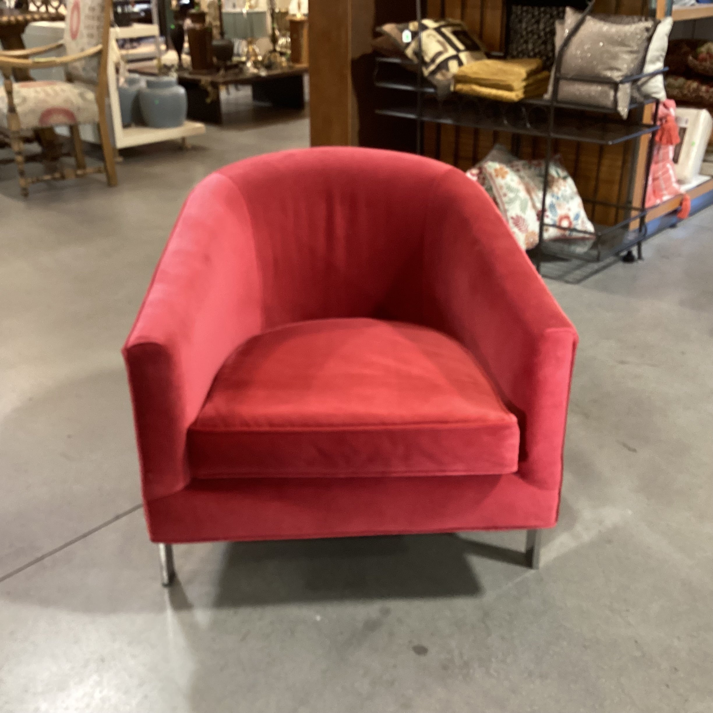 Mitchell Gold & Bob Williams Red Velvet & Chrome Chair 31"x 34"x 30"