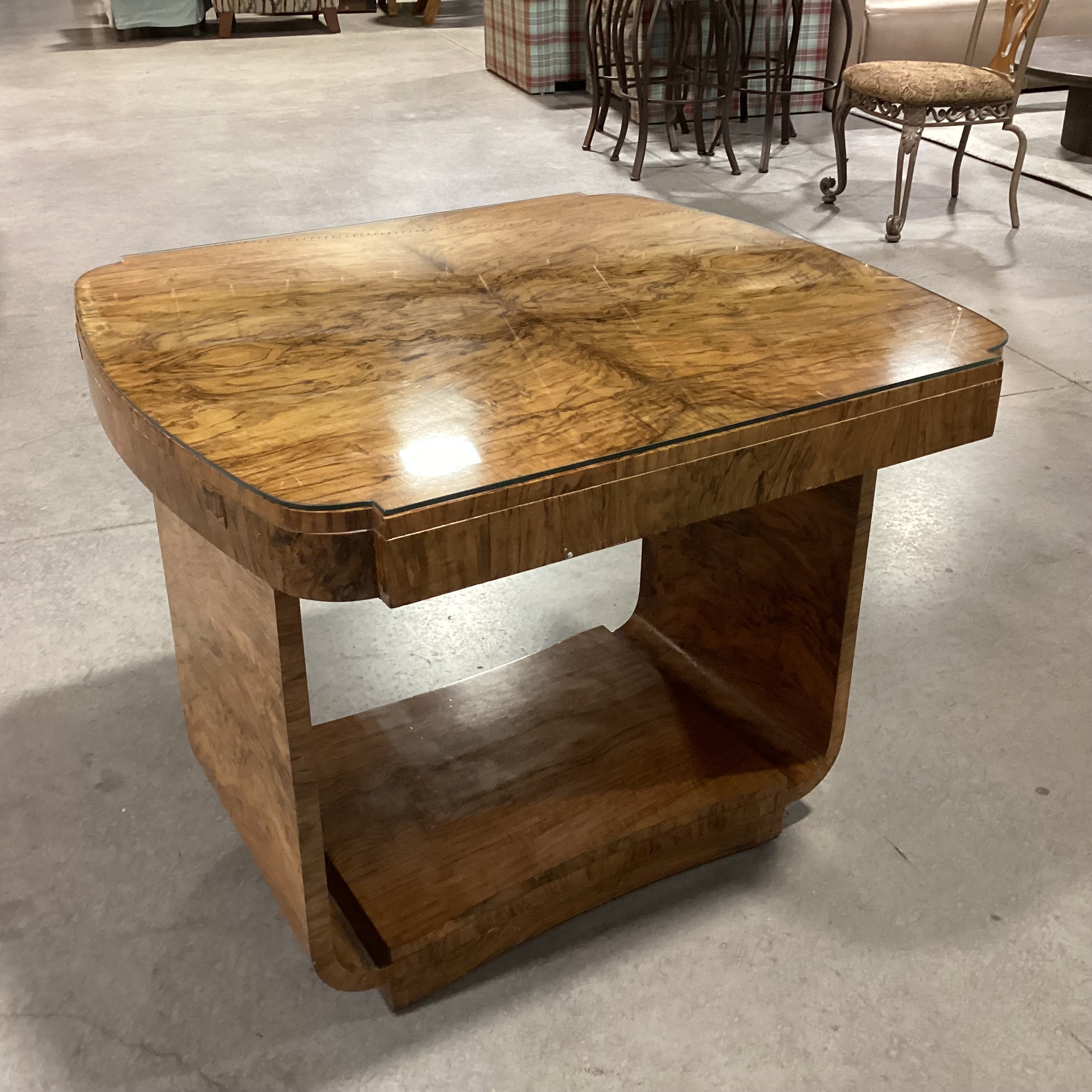 Vintage Art Deco Style Burl Maple Book Matched with Glass Top Accent Table 36"x 33"x 29.5"