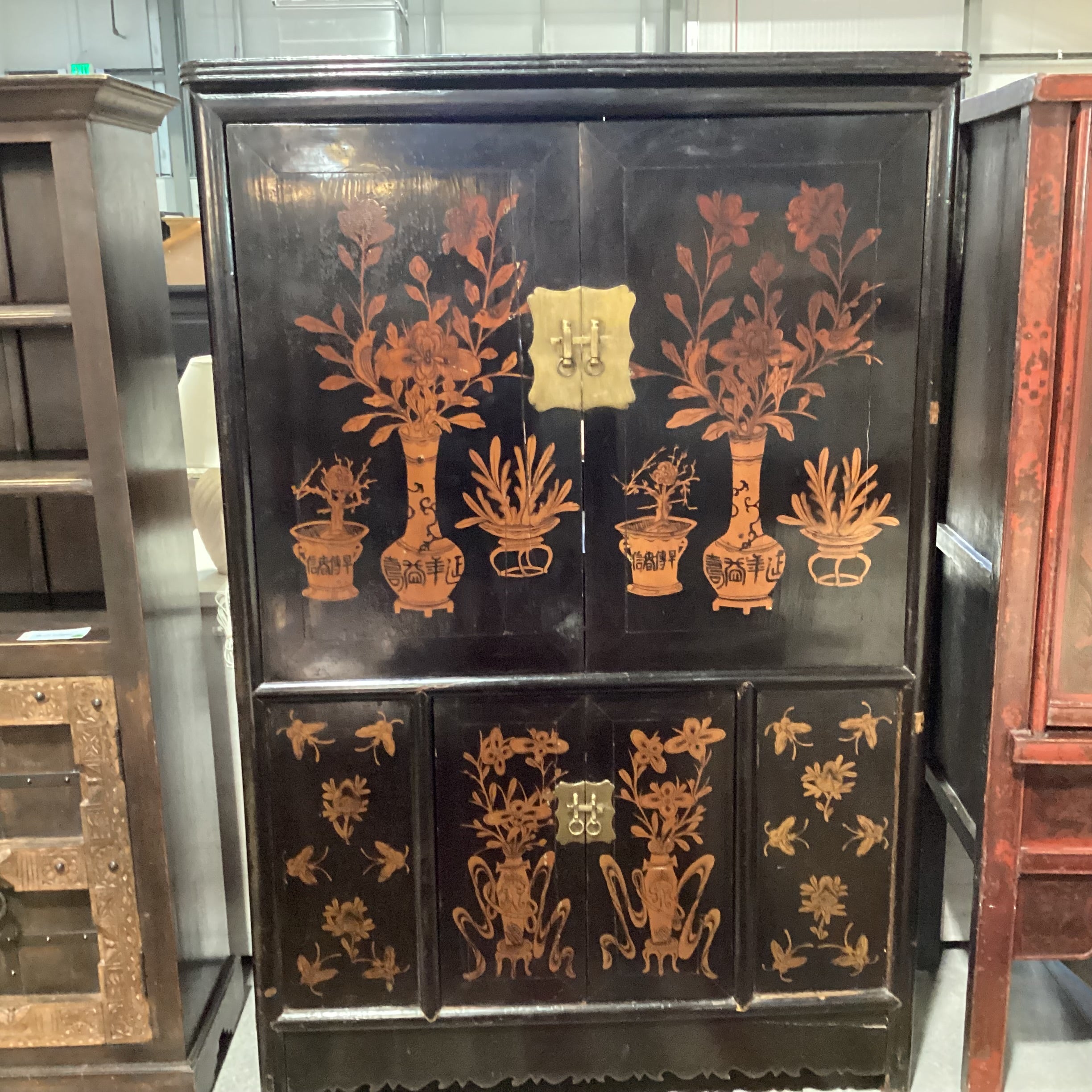 Vintage Antique Asian Black Lacquer & Gold Painted Vase Florals 4 Door with Shelves Armoire 52"x 23"x 79"