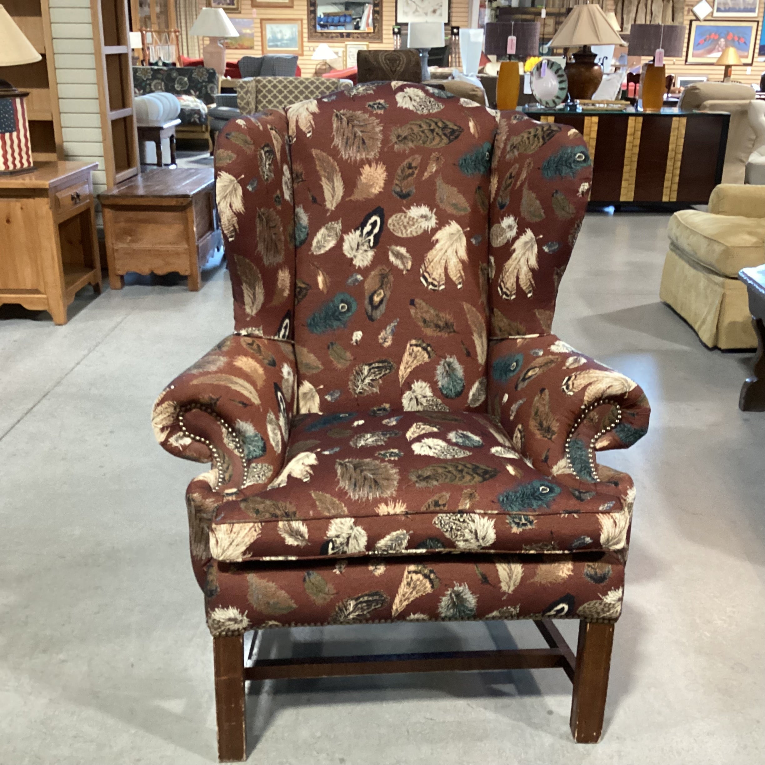 Brown Blue Feather Upholstery Nailhead Wing Chair 40"x 35"x 46"