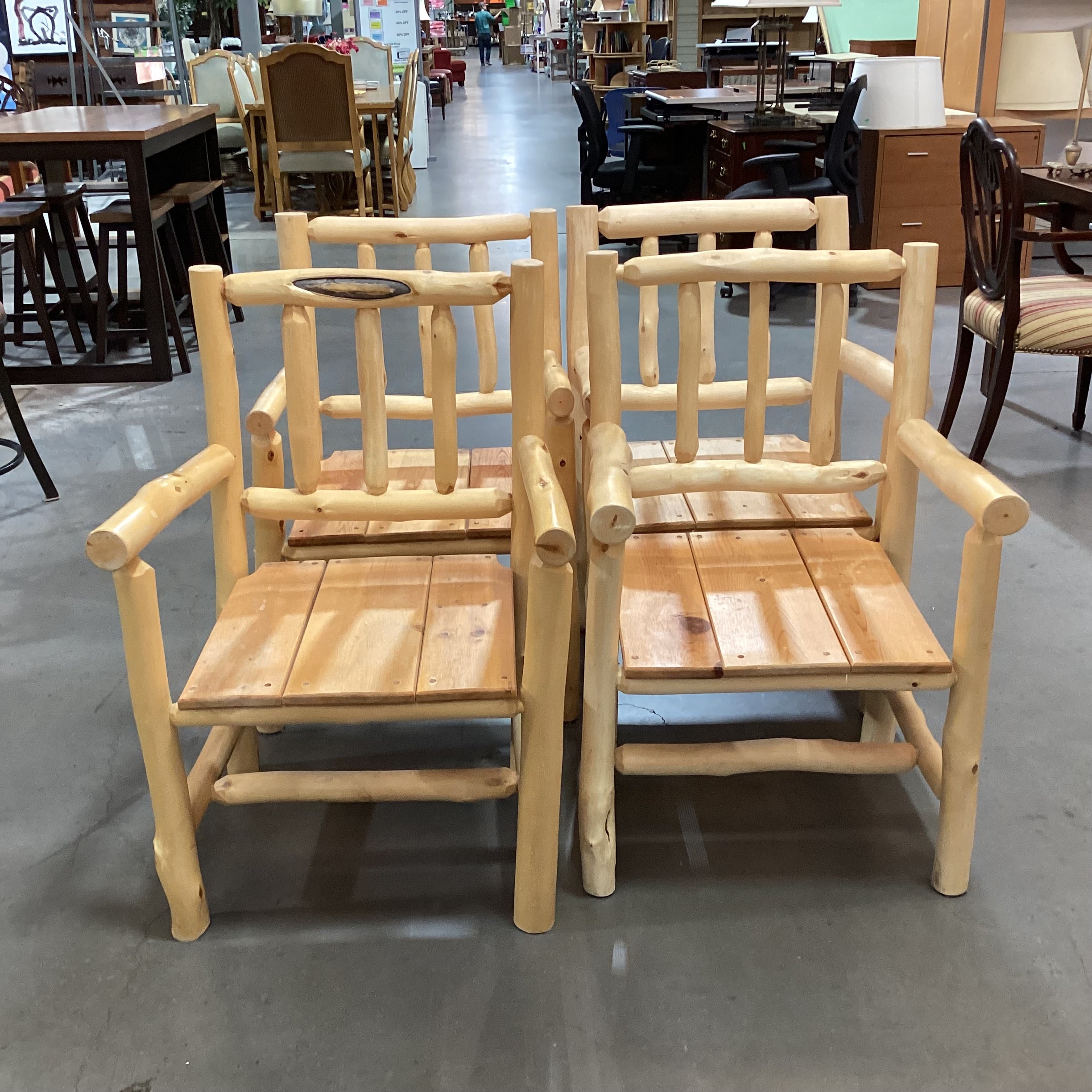 SET of 4 Natural Peeled Log with Plank Seat Armed Dining Chairs 23"x 22"x 36"