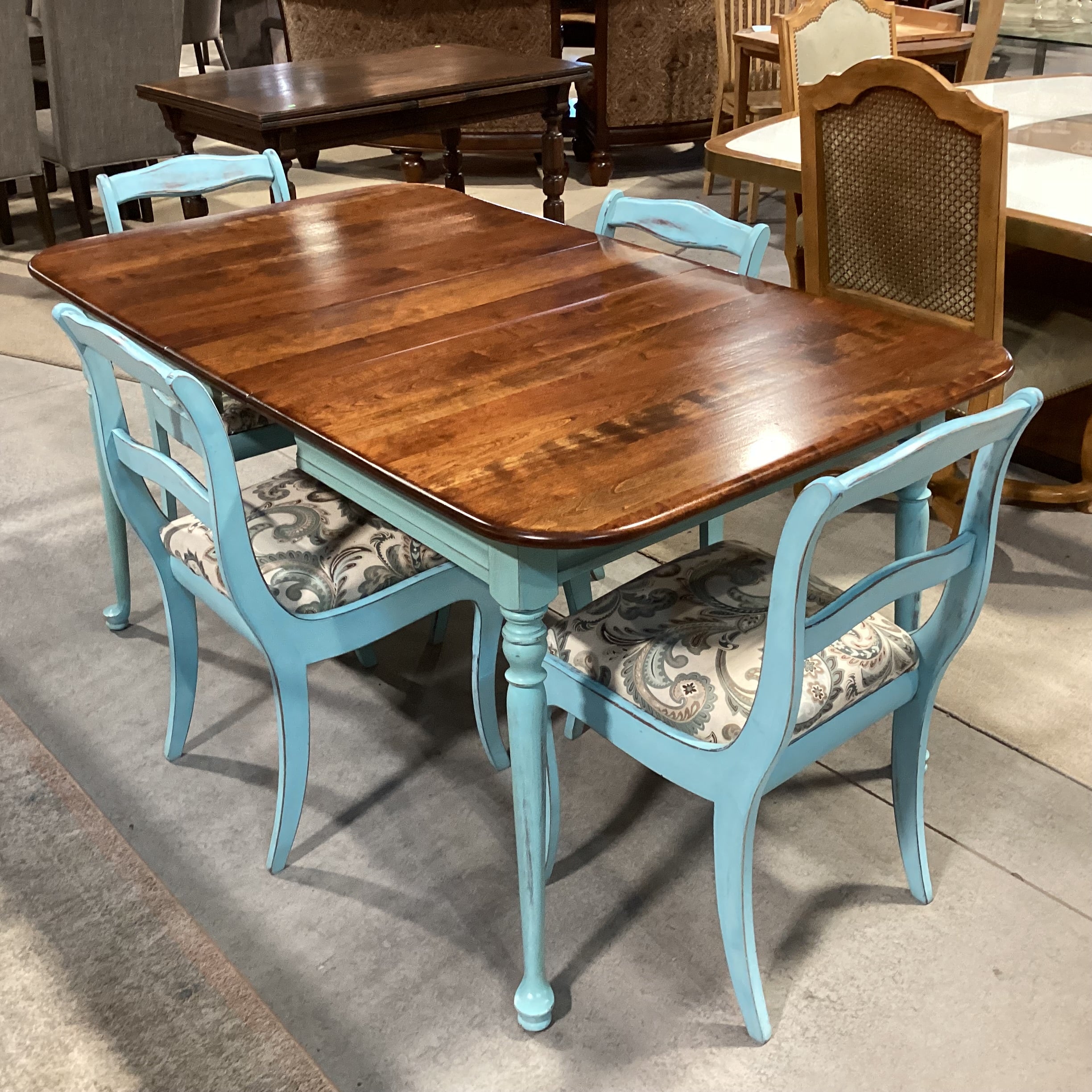 Antique Refinished Blue & Wood Table with 4 Chairs Dining Set 52"x 36"x 30.5"