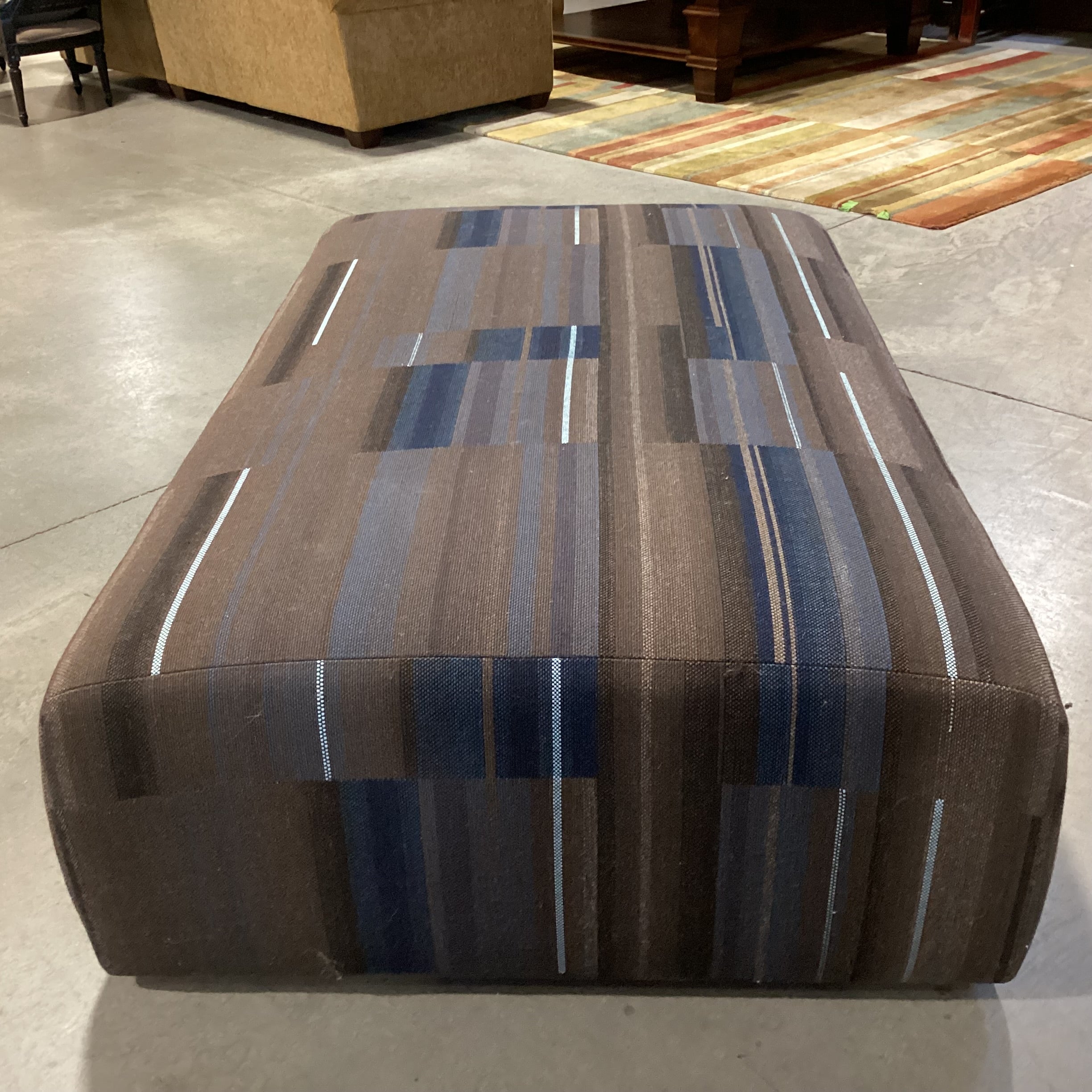 Custom Brown Taupe & Blues Woven Modern Cocktail Ottoman 61"x 37"x 17"