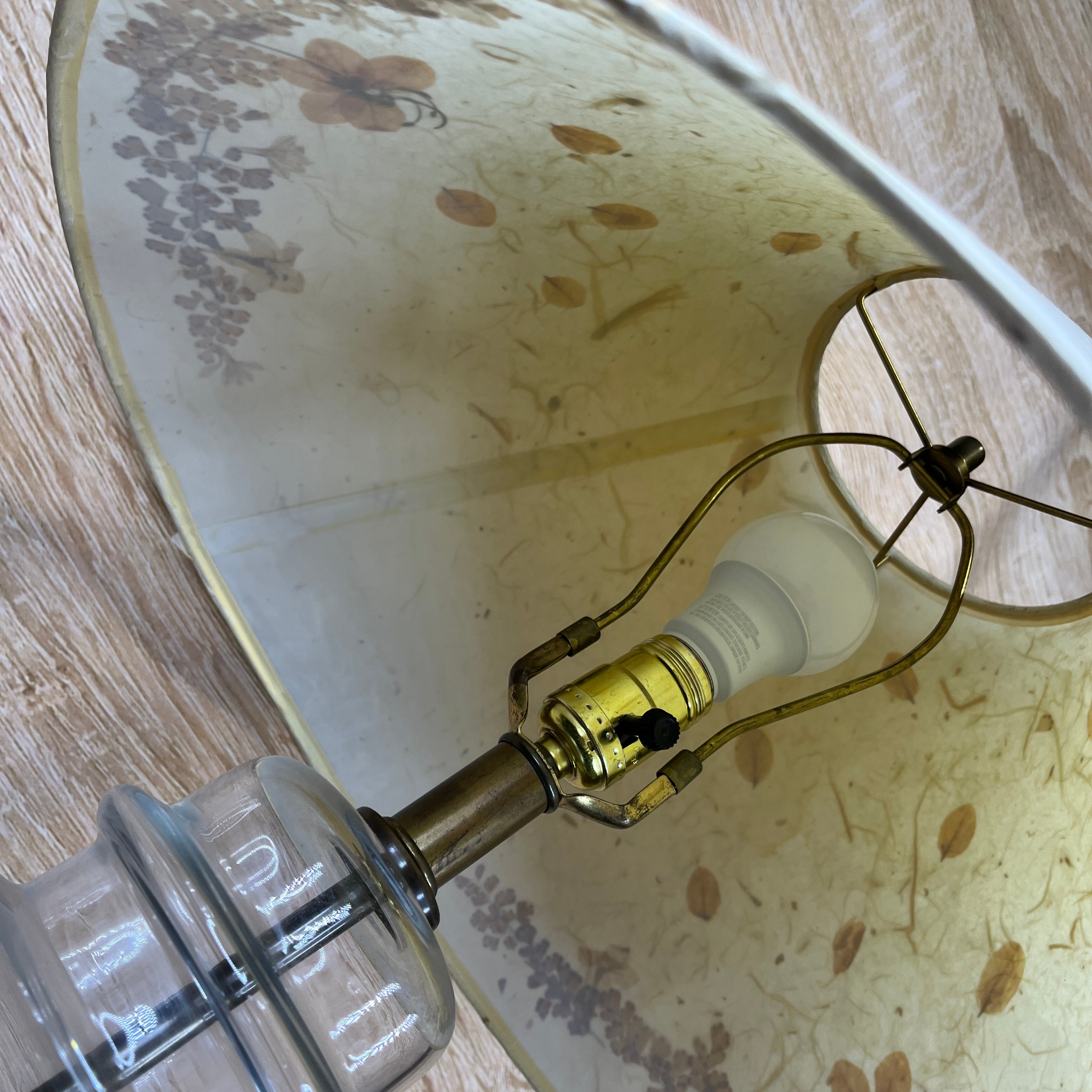 Vintage Clear Glass Ginger Jar & Brass Base with Pressed Flower Shade Table Lamp 8" Diameter x 24"