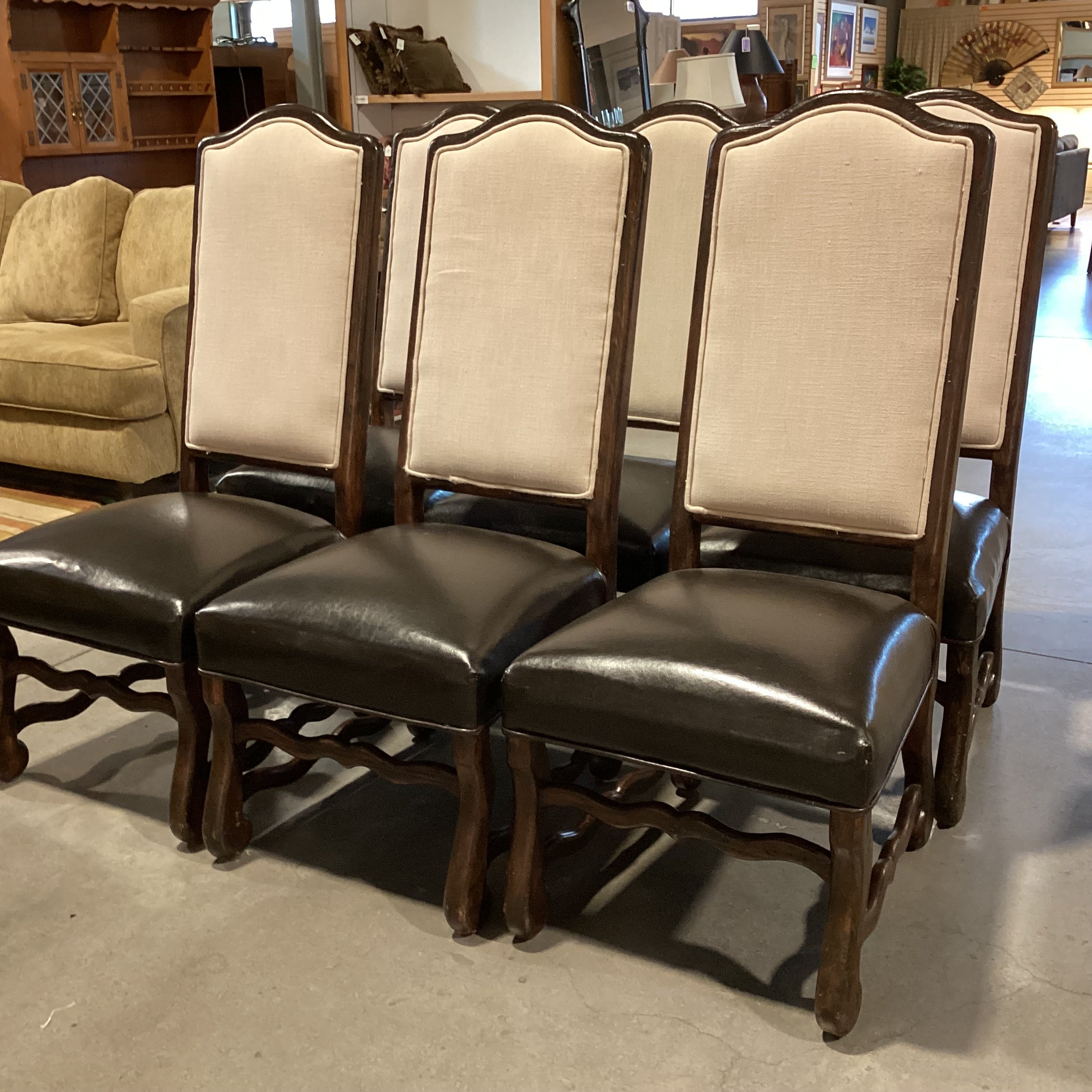 SET of 6 Carved Wood Leather & Linen Dining Chairs 21"x 22"x 49"