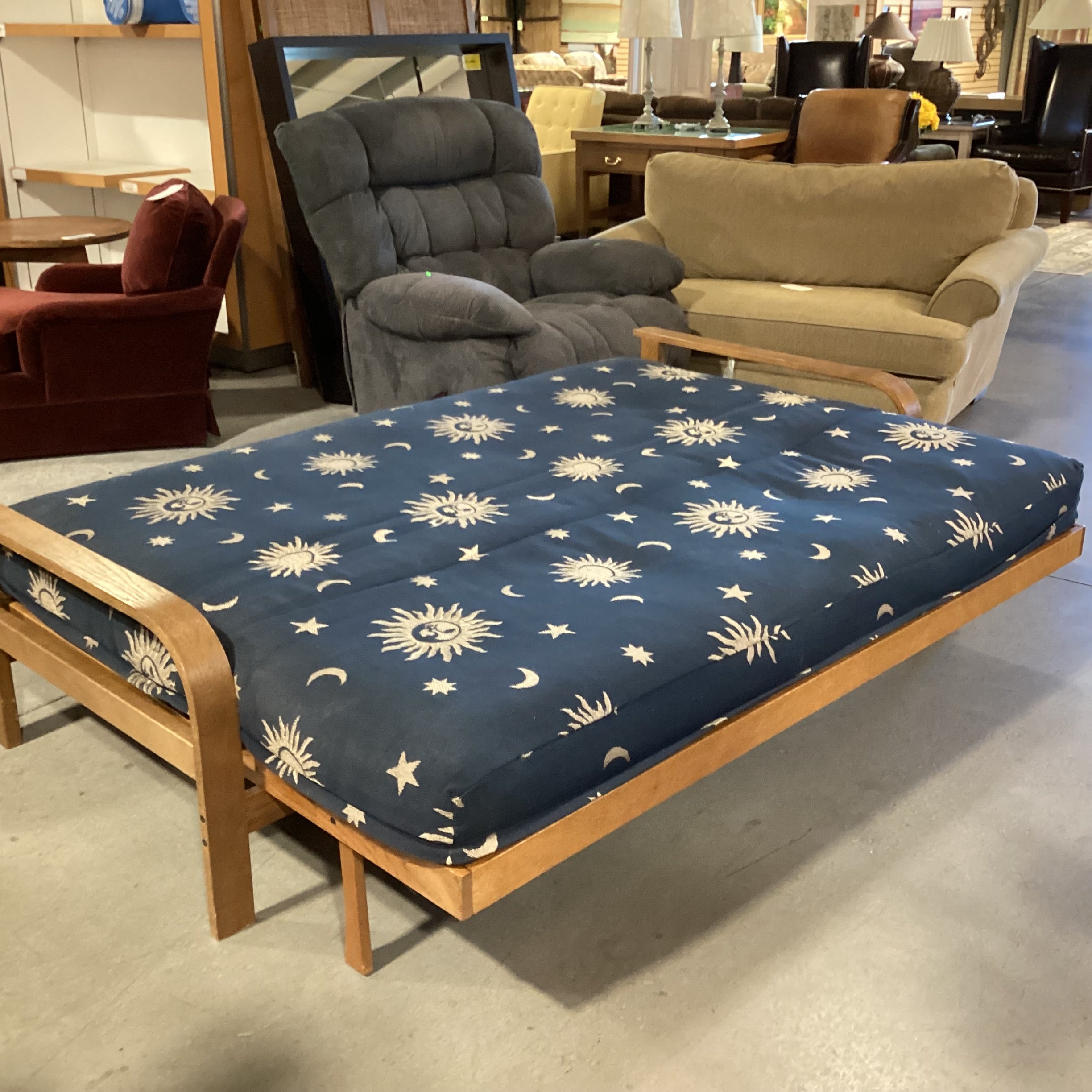 Oak & Blue With Sun Moon & Stars Cushion Futon Sofa 80"x 42" to 56"