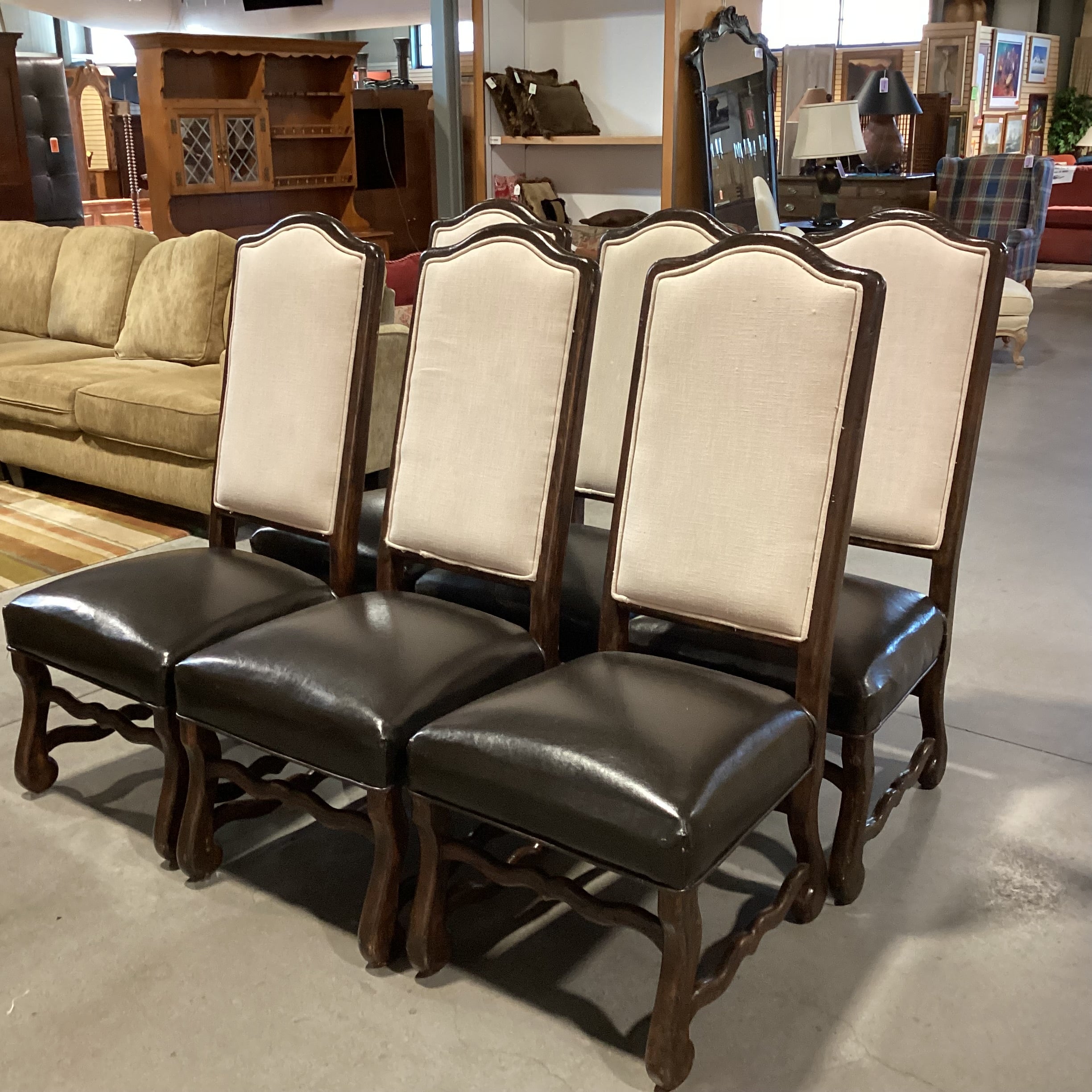 SET of 6 Carved Wood Leather & Linen Dining Chairs 21"x 22"x 49"