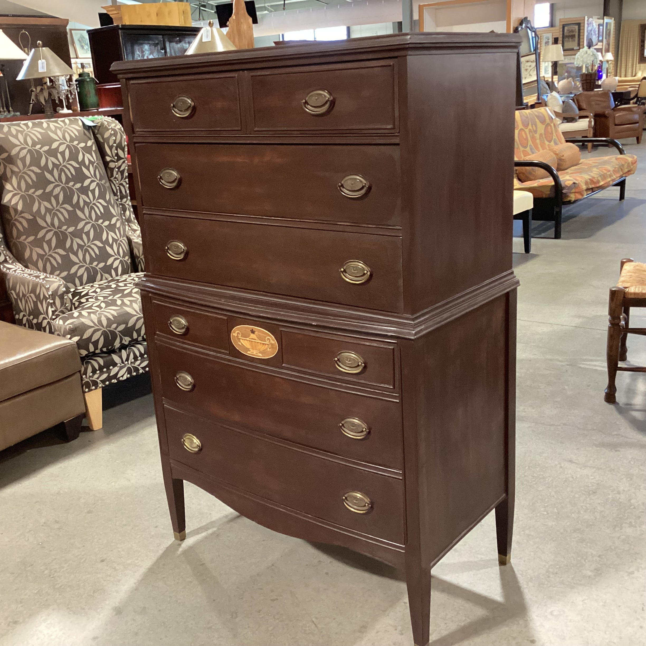 Antique Finished Wood with Inlay Detail 6 Drawer Chest 36"x 20"x 54.5"