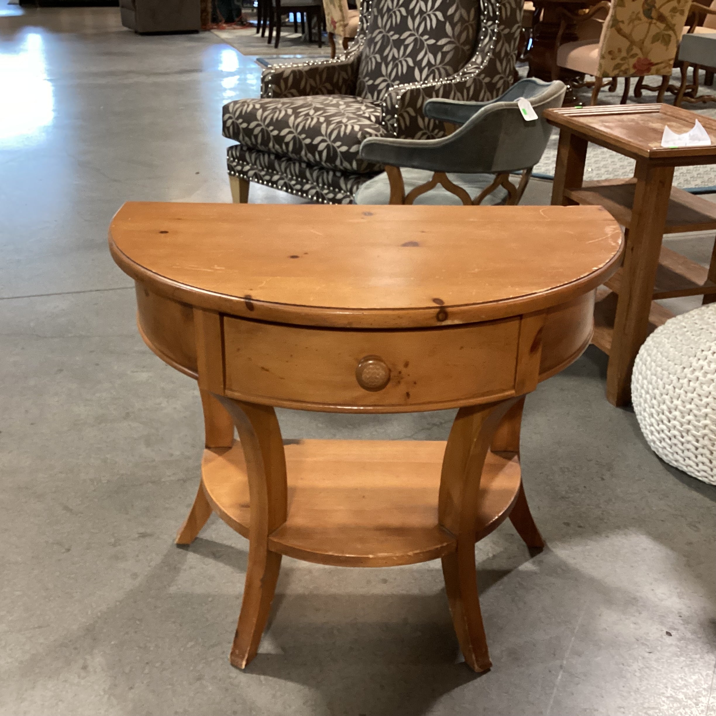 Brownwood Furniture Light Finished Distressed Pine Halfmoon 1 Drawer Accent Table 32.5"x 18.5"x 28"