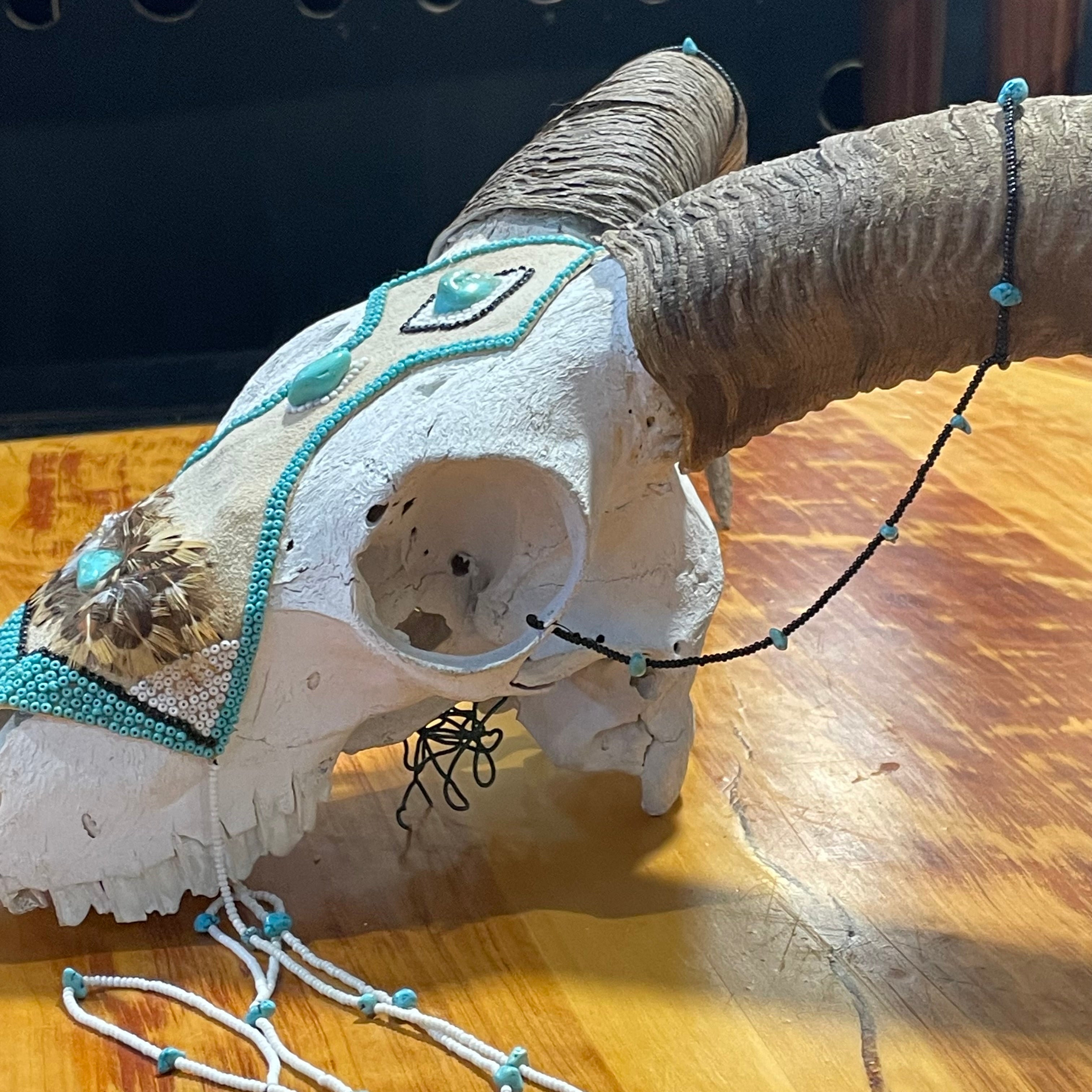Southwestern Style Beaded, Turquoise Stones & Feathers Ram Skull, 16.75"x 13.5"x 7"