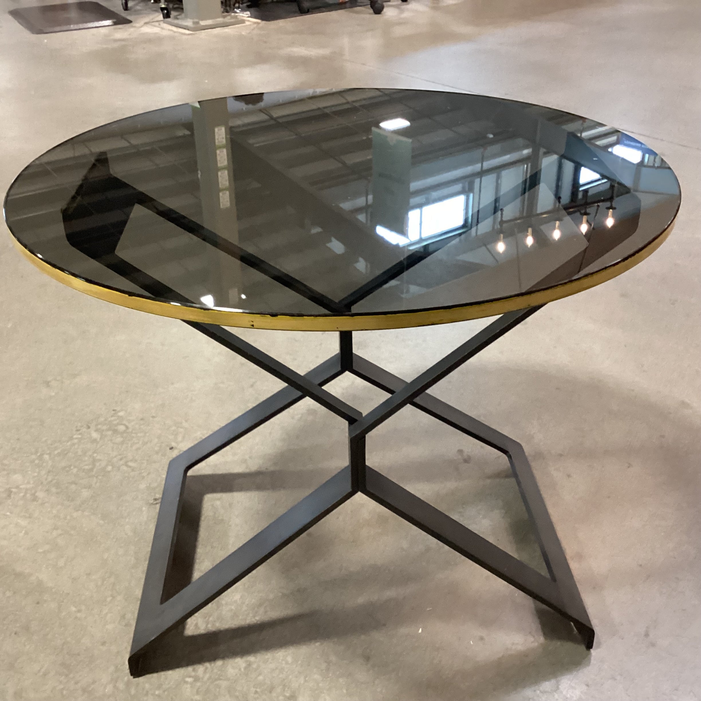 Black Finished Brass & Round Black Glass with Gold Gilt Edge Accent Table 26" Diameter x 21"
