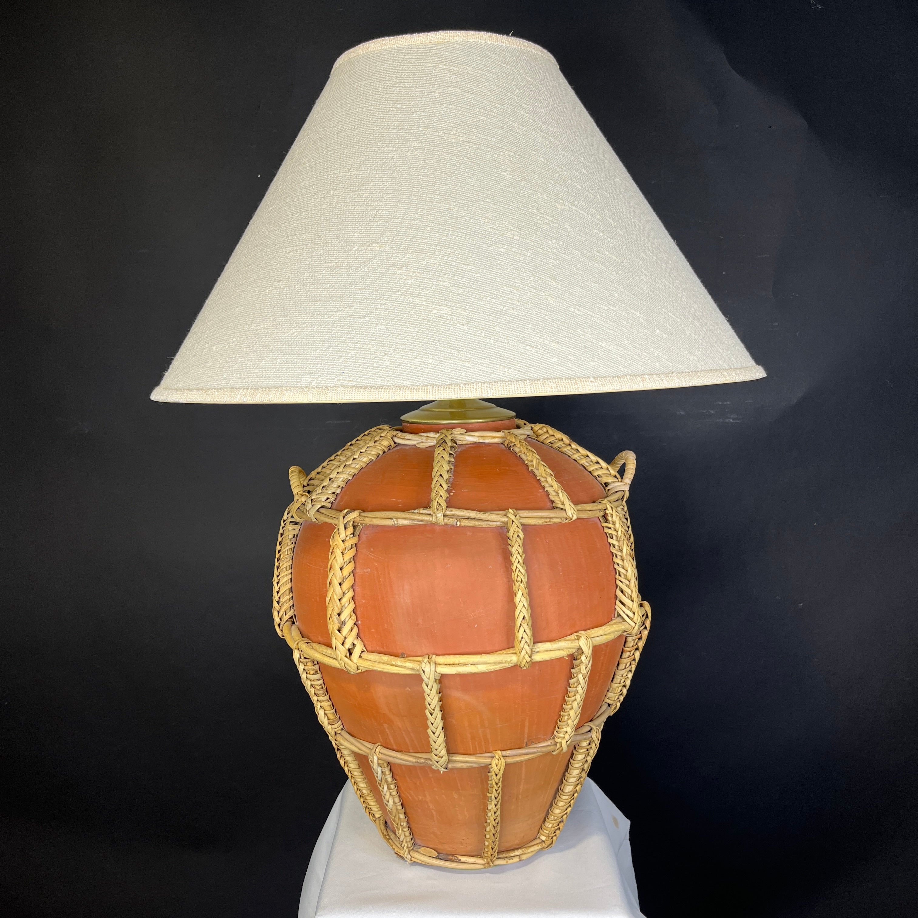 Oversized Terracotta and Woven Rattan with Shade Table Lamp 25” Diameter @ Shade x 34”