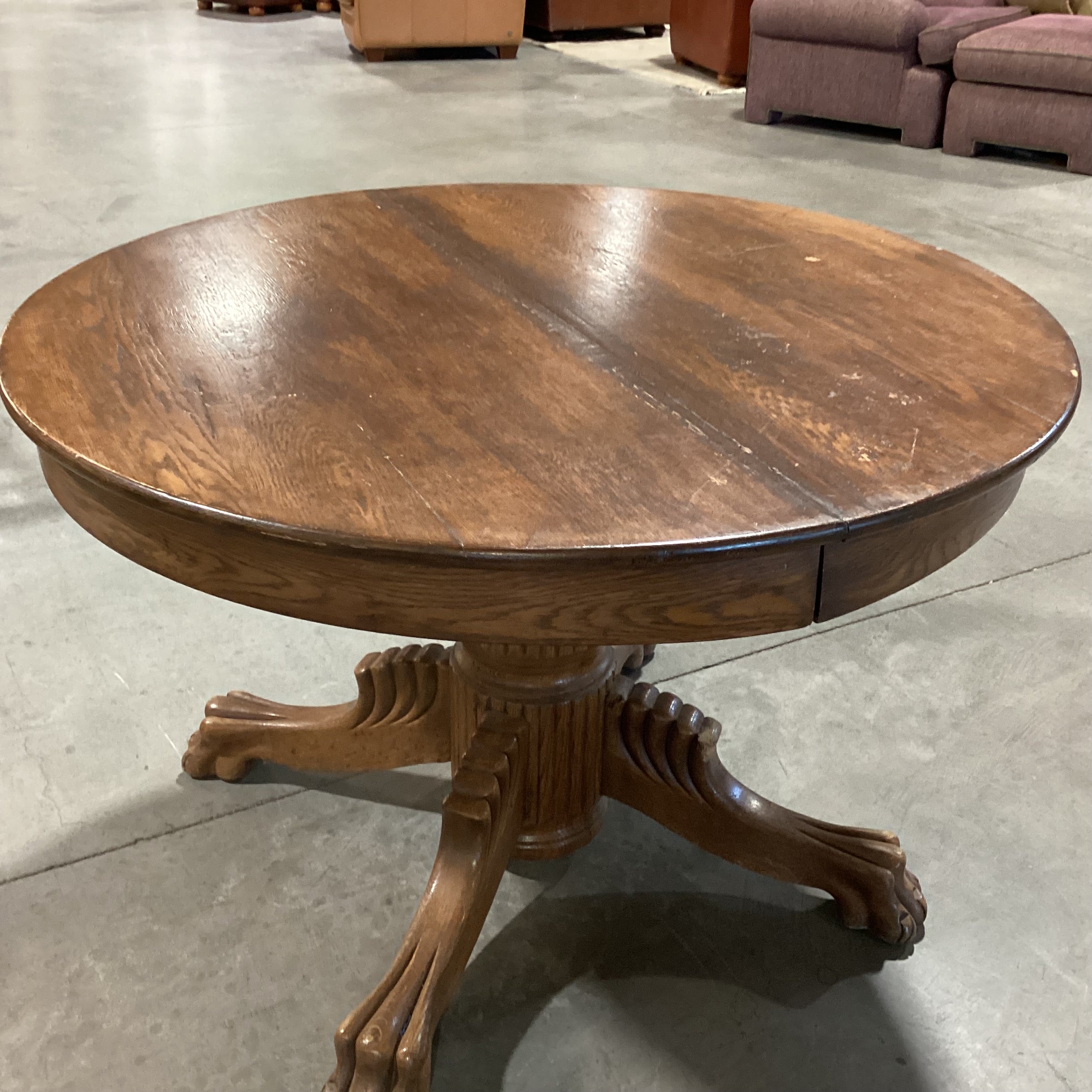 Antique Carved Oak Clawfoot Round Dining Table 42" Diameter x 28"