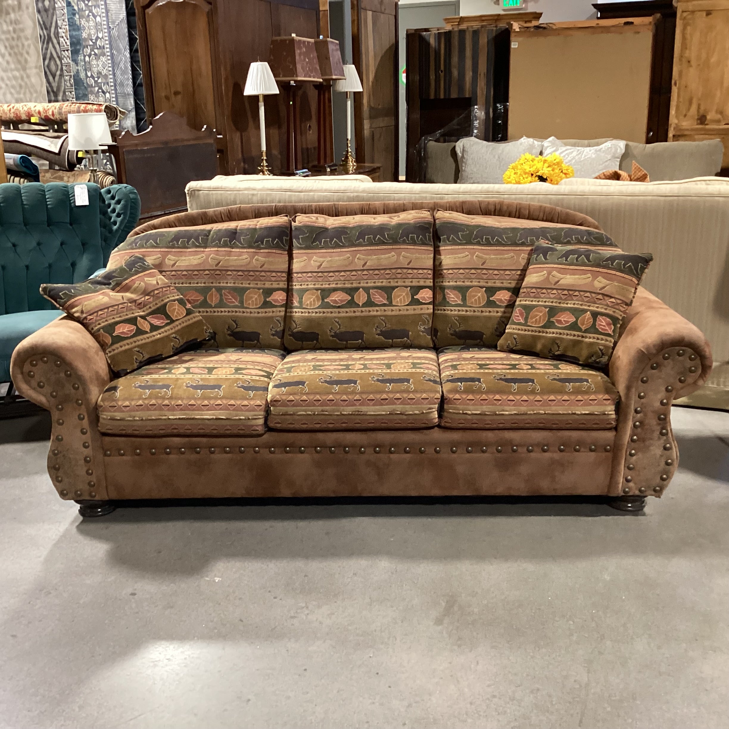 Ultra Suede Animal Cabin Upholstery Nailhead Sofa 90"x 38"x 38"