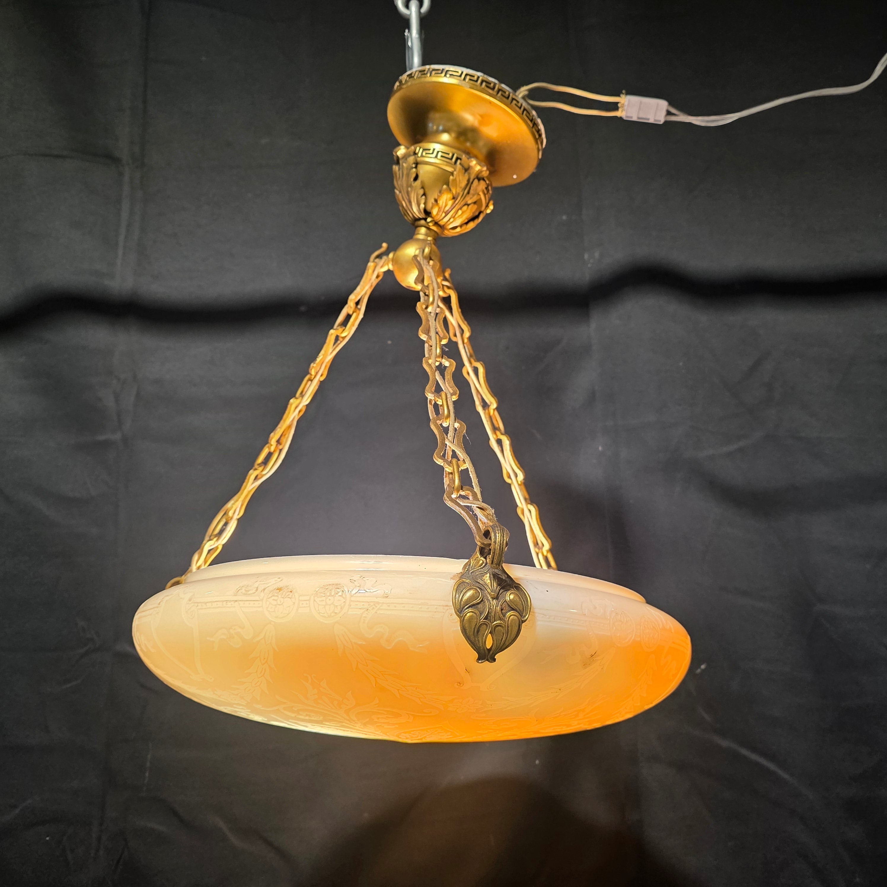 Circa 1920's - 1930's Antique Neoclassical Milk Glass Three Light Chandelier/Pendant 16.5"Dx21"