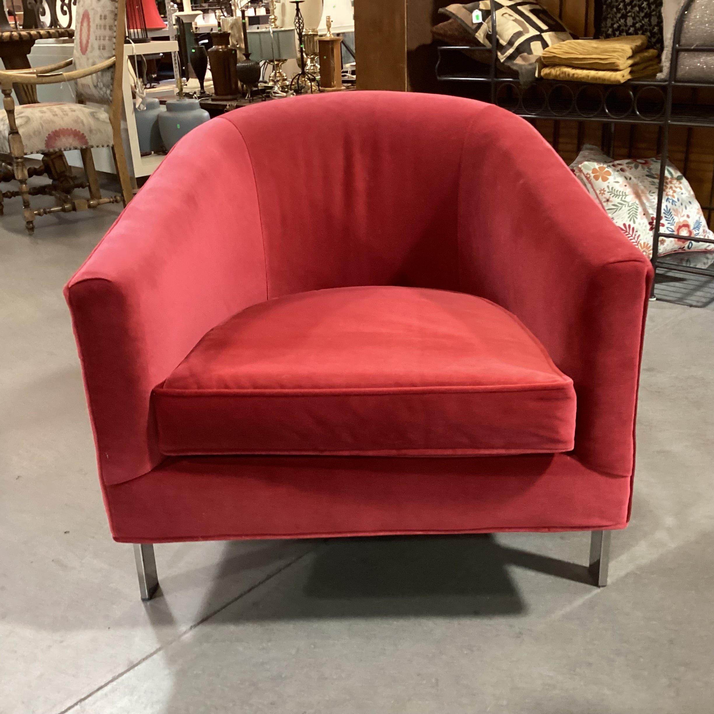 Mitchell Gold & Bob Williams Red Velvet & Chrome Chair 31"x 34"x 30"