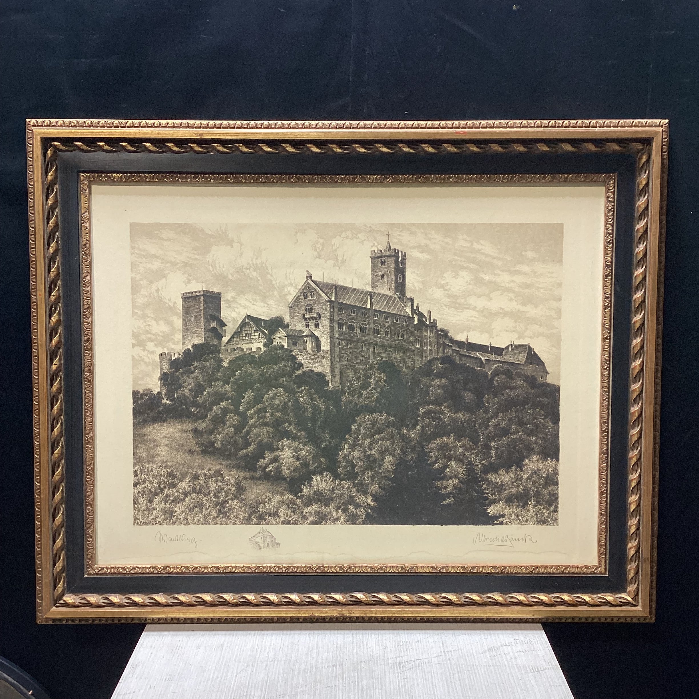Albrecht Bruck Signed Wartburg Castle, Eisenach, Germany Etching In Gold & Black Frame 31.5" x 25.5"