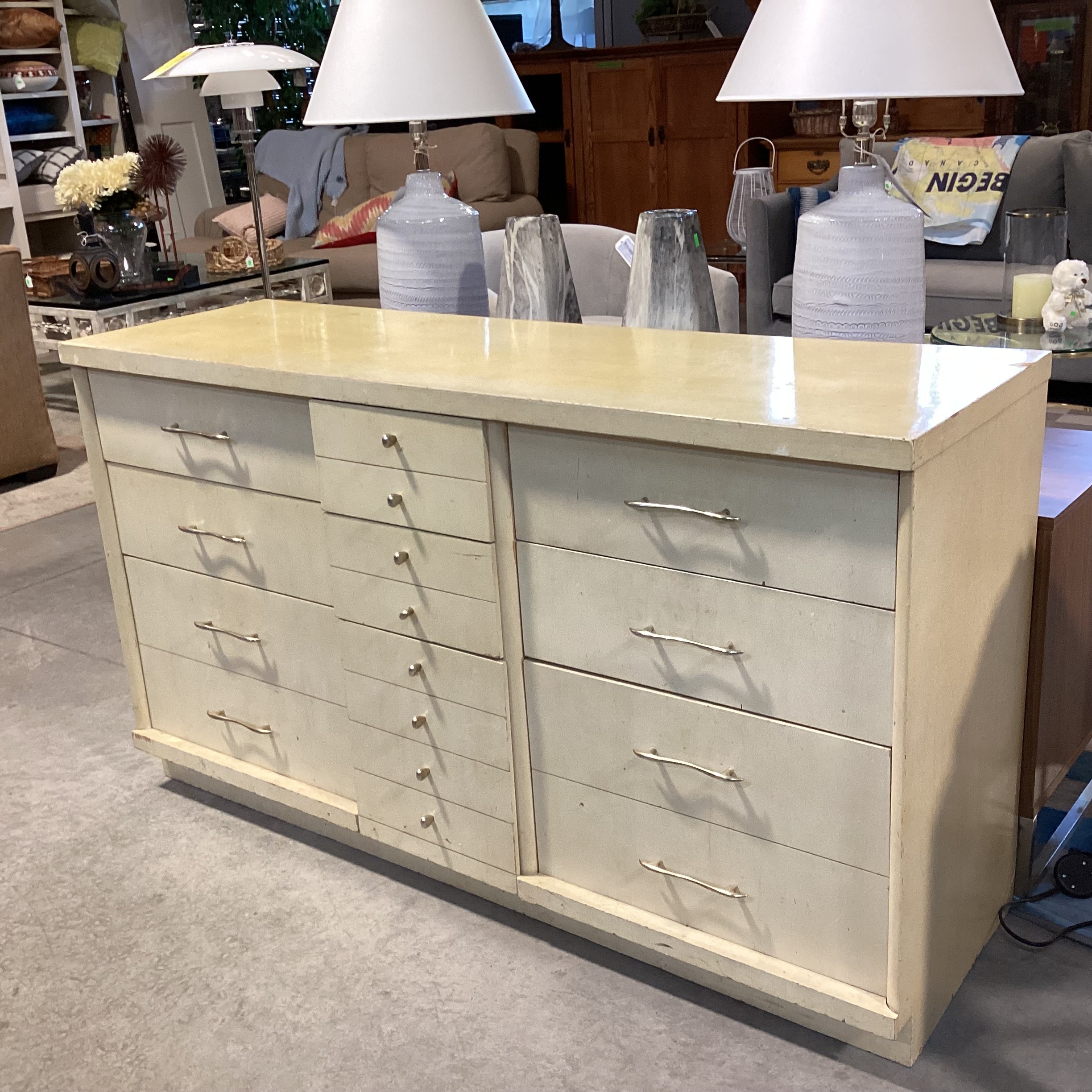 Mid Century Blonde Finish Wood 9 Drawer Dresser 58"x 18"x 33"
