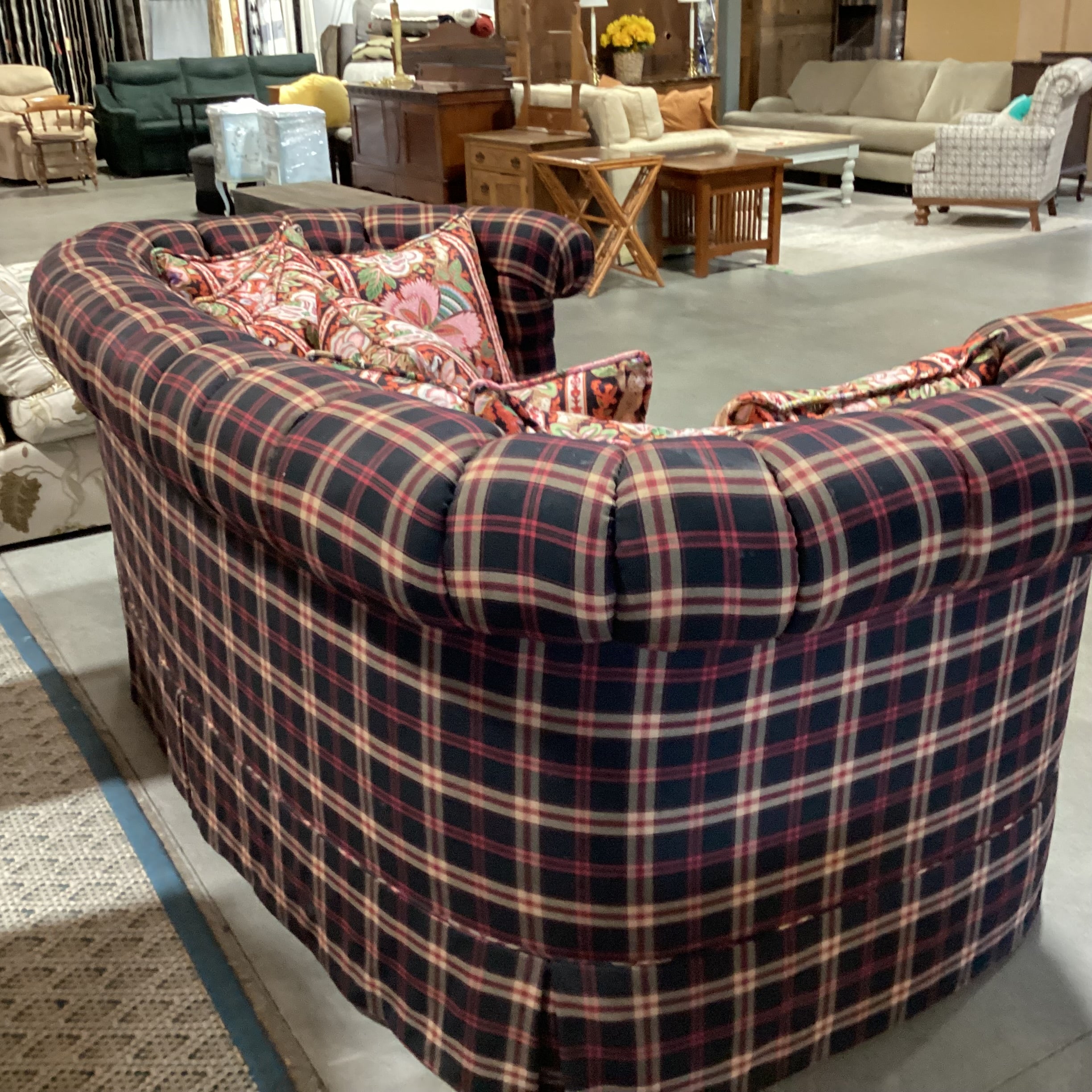 Custom Black Red Tan Plaid Button Tufted with Pink Ornate Floral Cushion & Pillows Down Mix Sofa 100"x 58"x 40"