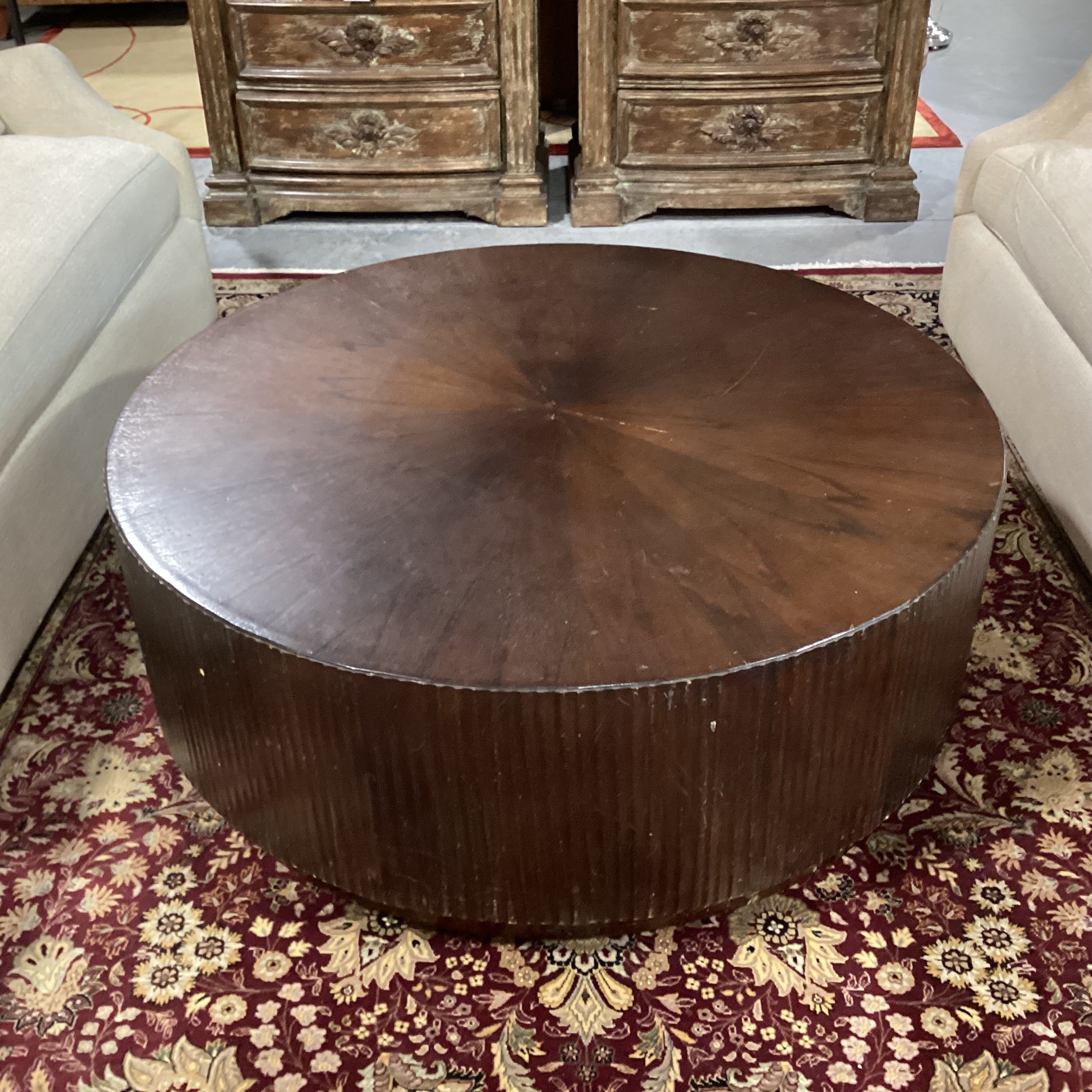 Finished Wood & Veneer Round with Ribbed Sides Coffee Table 45" Diameter x 20"