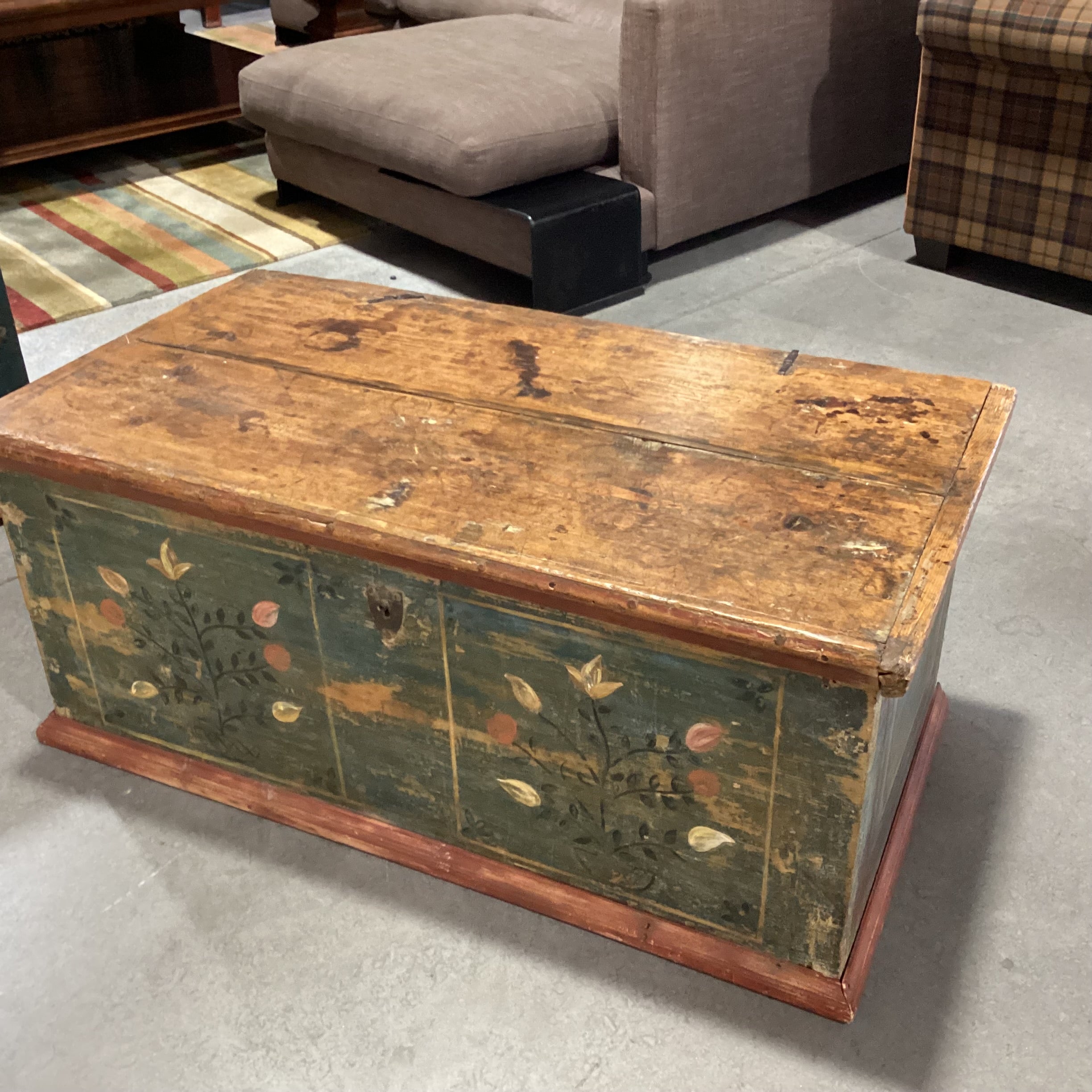 Antique Carved Wood with Hand Painted Floral Panel Trunk 42.5"x 23"x 18"