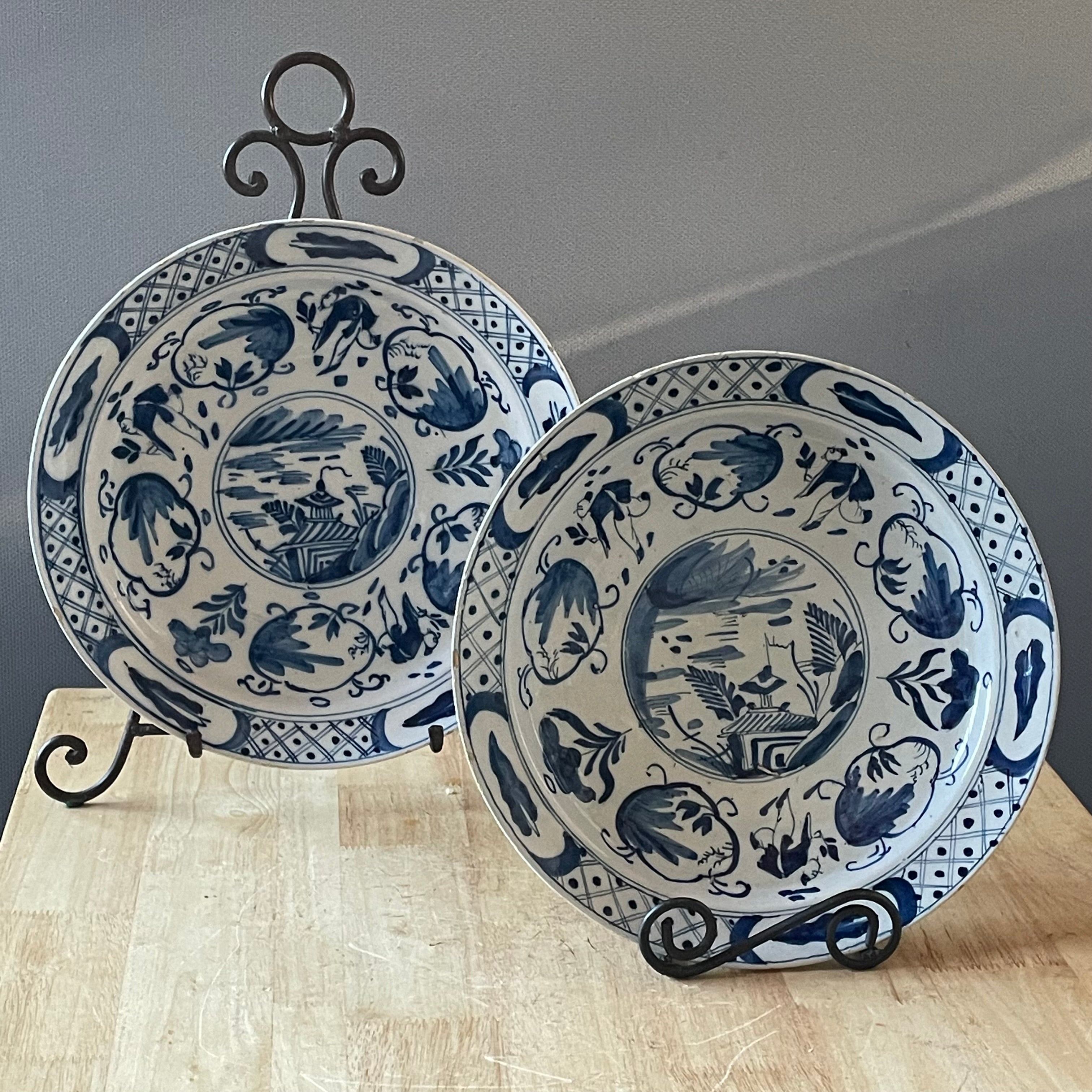 Antique Rare Pair European 18th Century Kraak-Style Faience Chargers, Each 12"