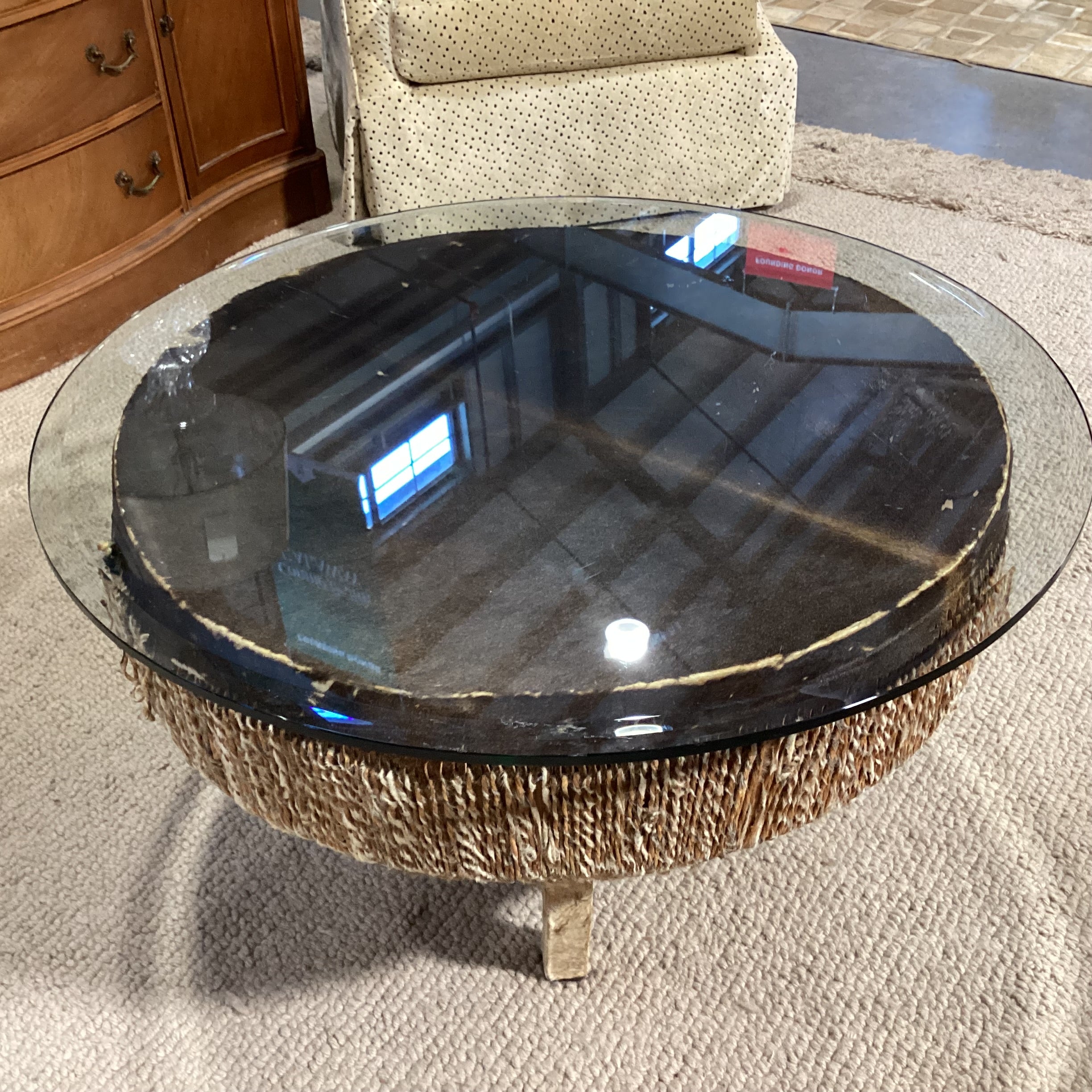 Vintage African Tribal Drum with Hide & Glass Top Coffee Table 34" Diameter x 20"