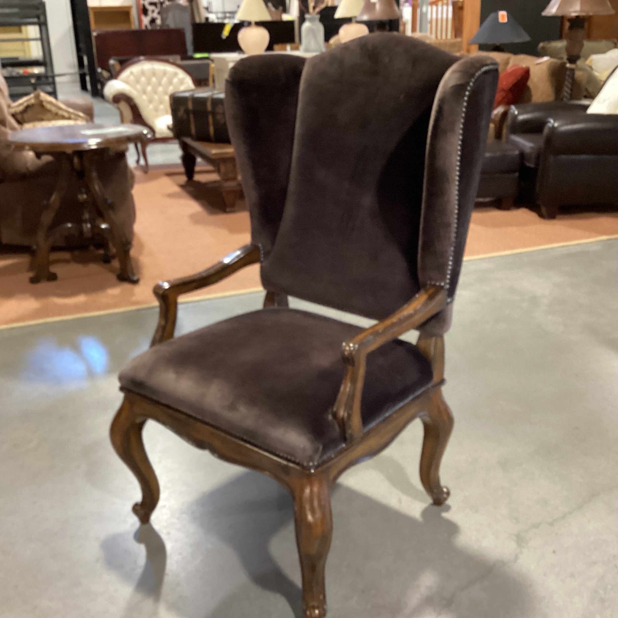 Ornate Carved Wood Dark Brown Velvet Nailhead & Cowhide Back Wing Chair 29"x 28"x 49"