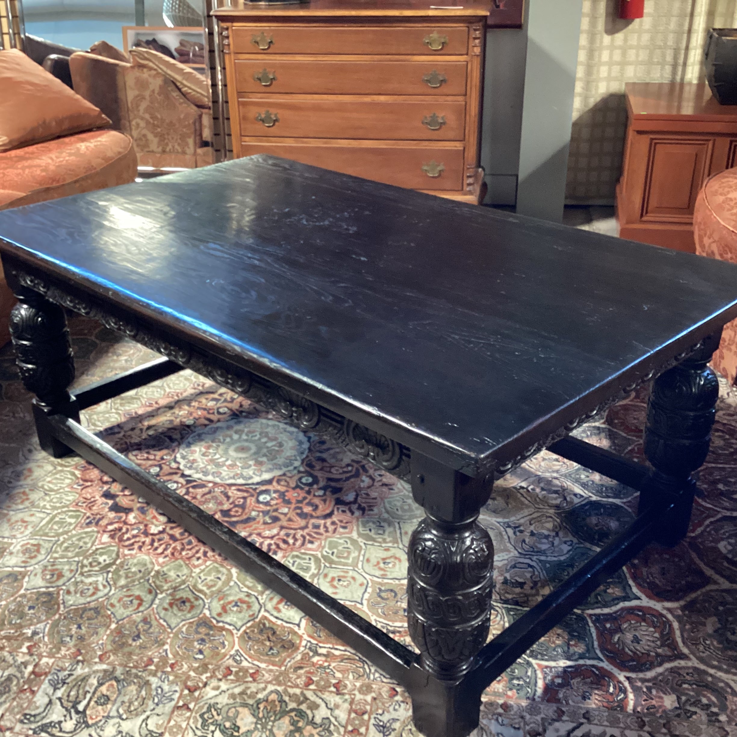 Antique Black Finish Ornate Carved Wood Coffee Table 60"x 36"x 24"