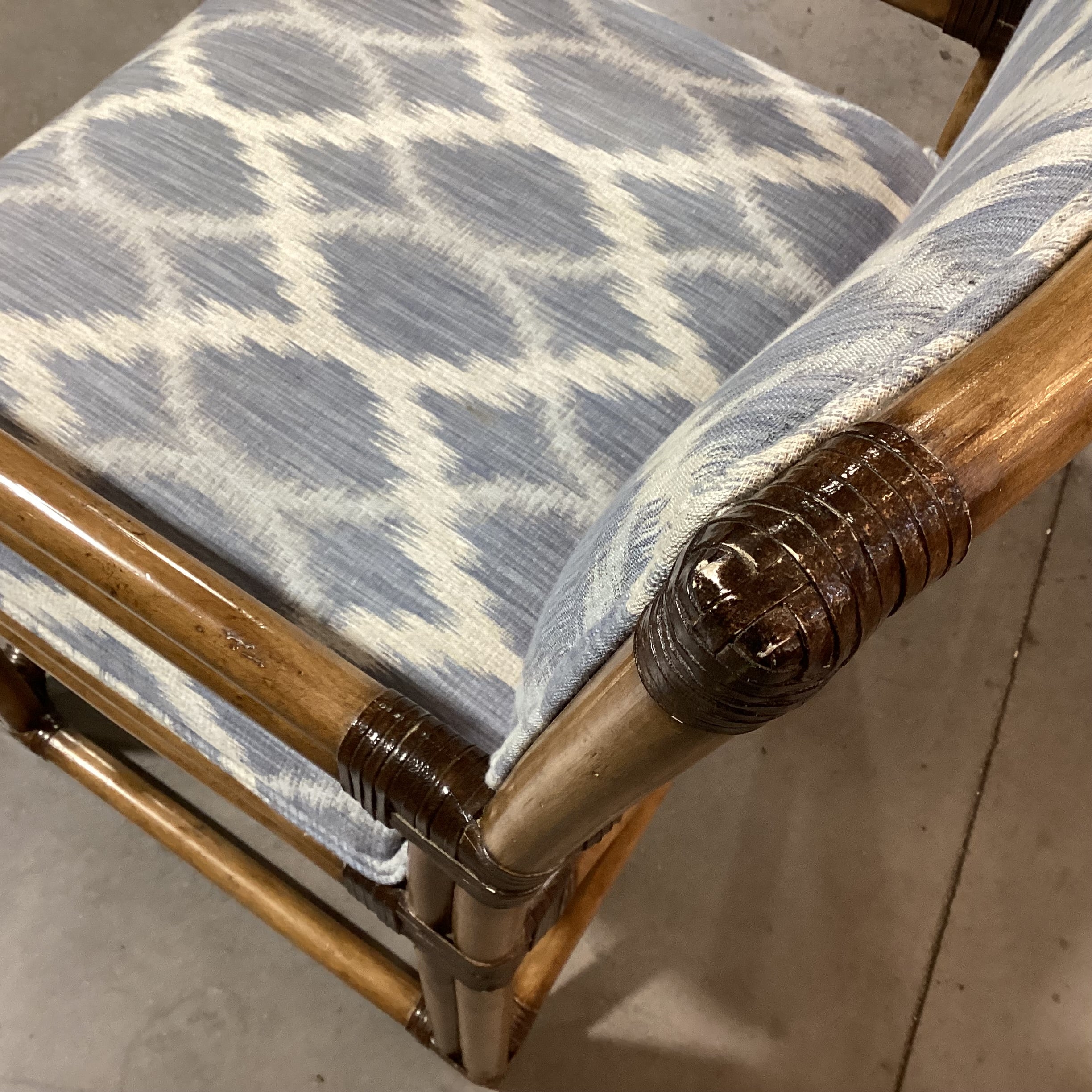 Vintage Bamboo Leather Strap Wrapped & Blue White Design Accent Chair 24"x 24"x 35"