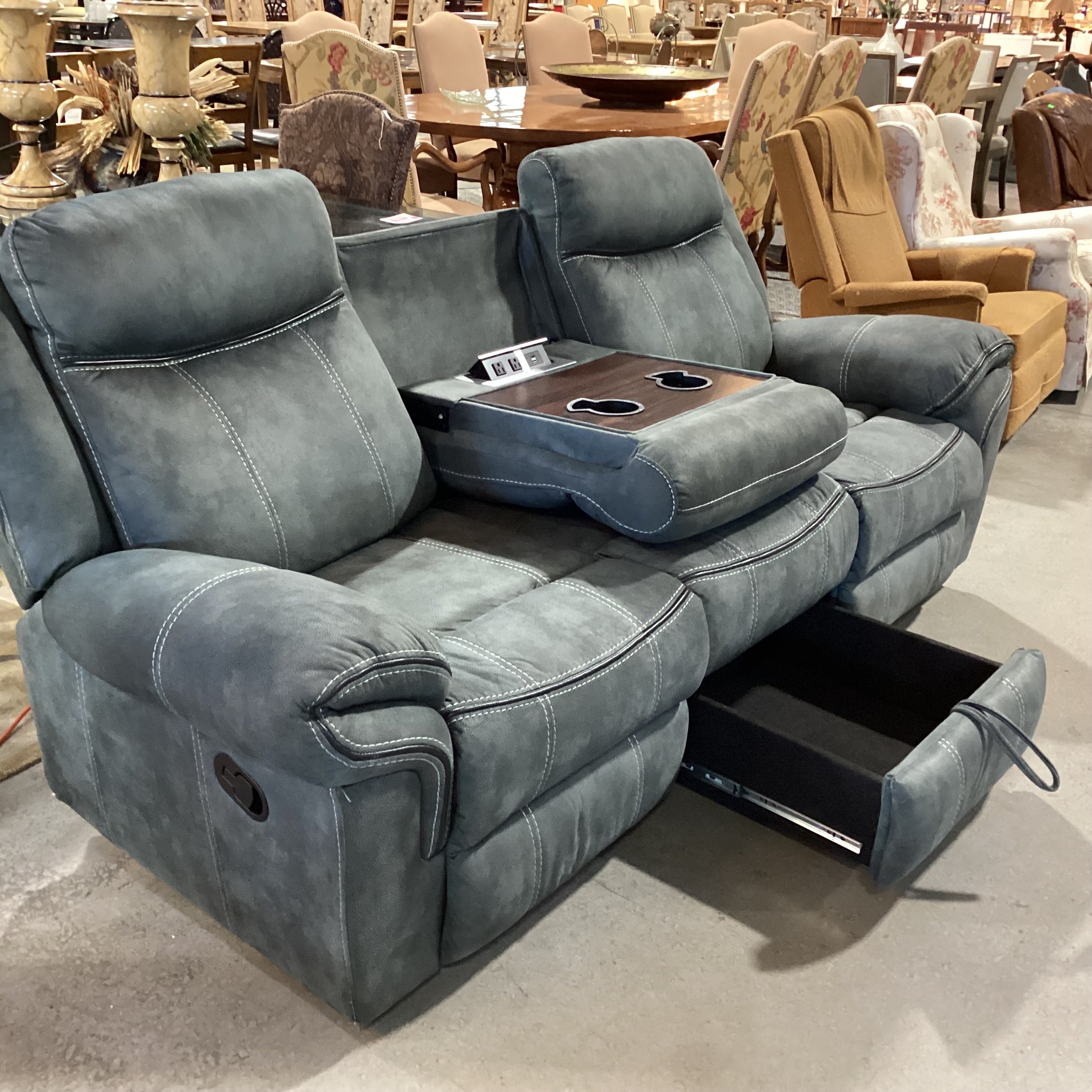 Textured Slate Grey Ultra Suede with Piping & Stitching Accent Double Recliner with Outlet Console Sofa 89"x 39" to 55"x 41"