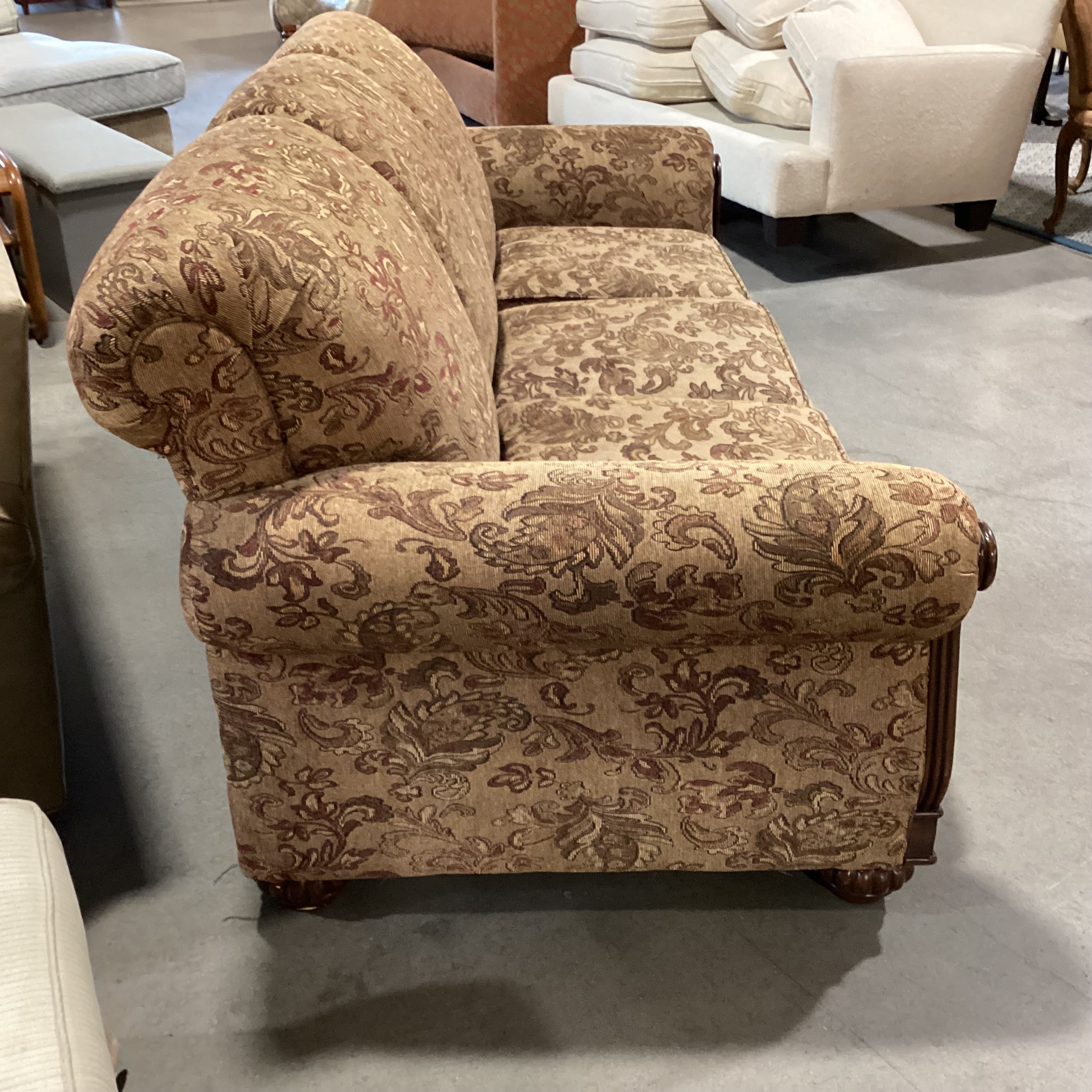 Ashley Tan Brown Rust Woven Floral & Carved Wood Sofa 87"x 40"x 38"