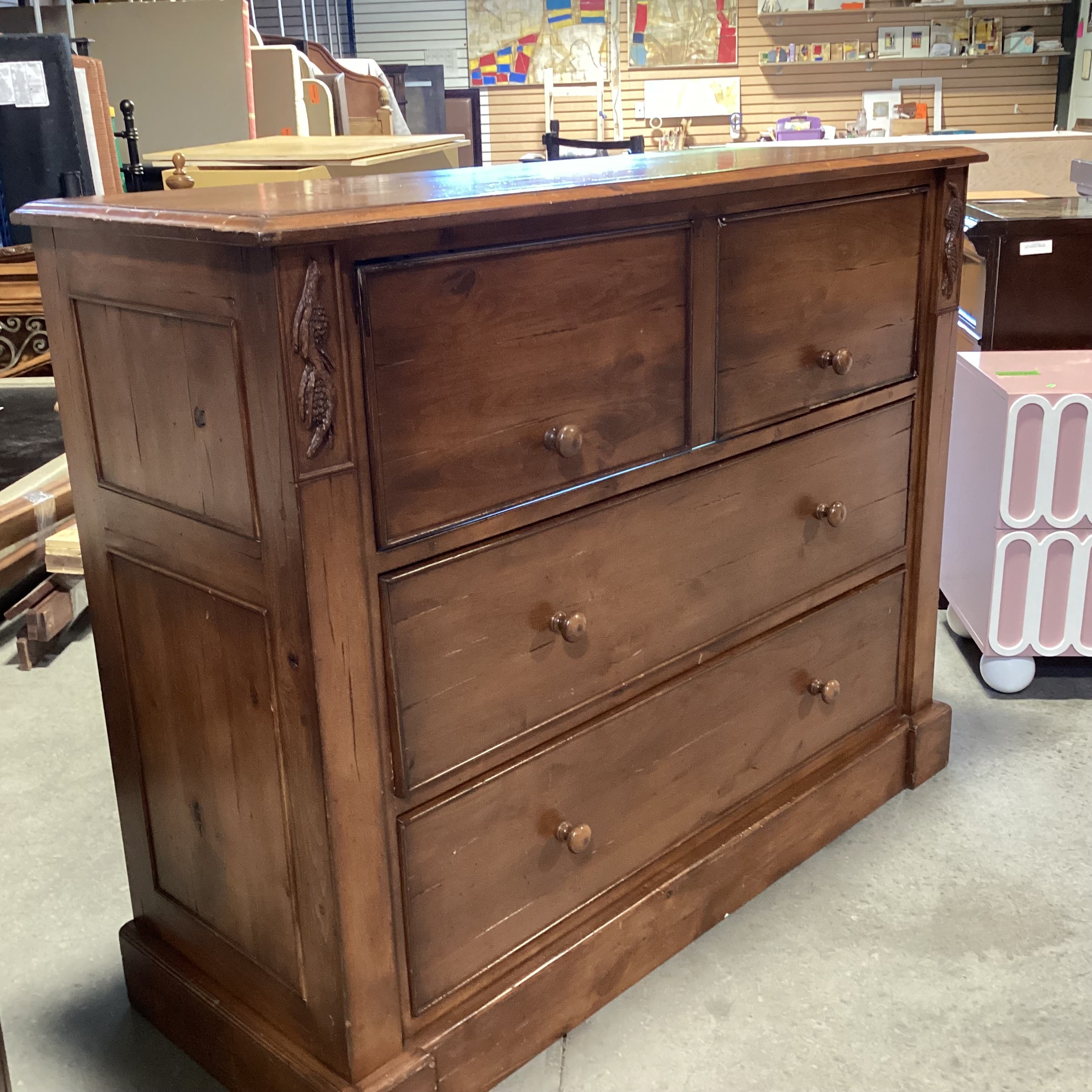 Distressed Finish Carved Pine Cone Wood 2 Drawer & Lift Top Media Dresser 34"x 20"x 43"