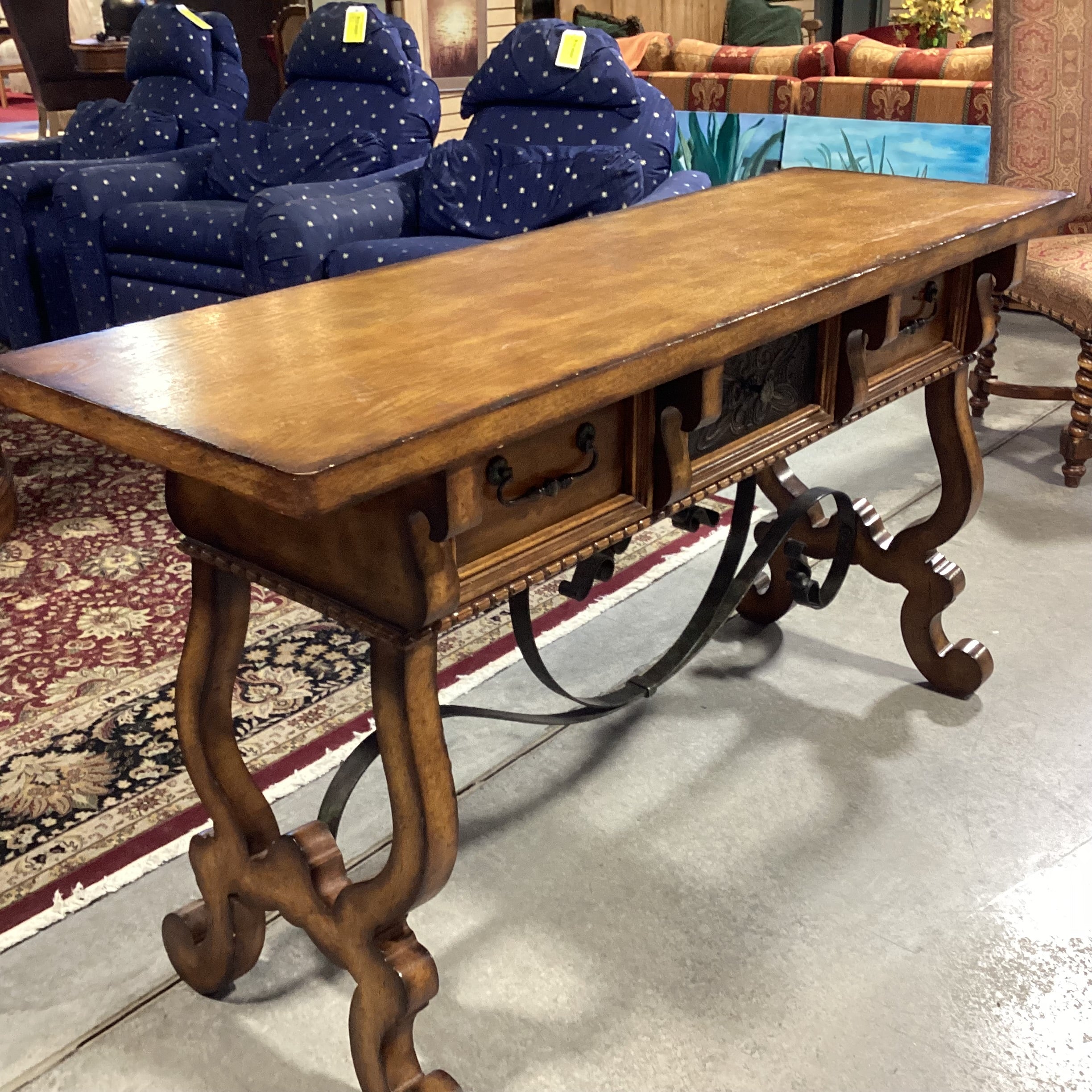 Maitland Smith Distressed Finish Carved Wood & Ornate Iron Trestle 3 Drawer Console Sofa Table 58"x 19"x 32"