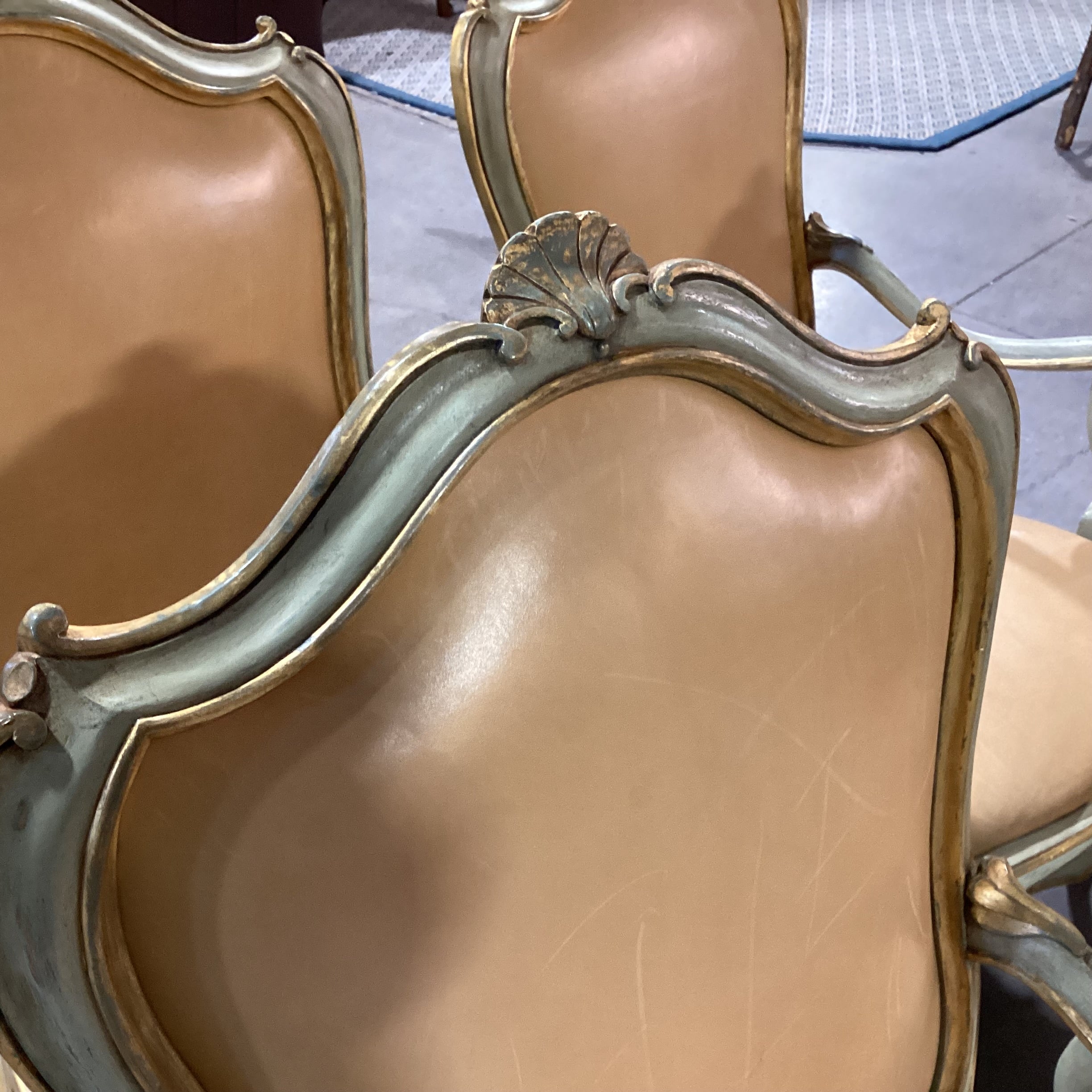 SET of 4 French Provincial Ornate Carved Wood with Gilded Accent & Leather Dining Chairs 26"x 26"x 42"