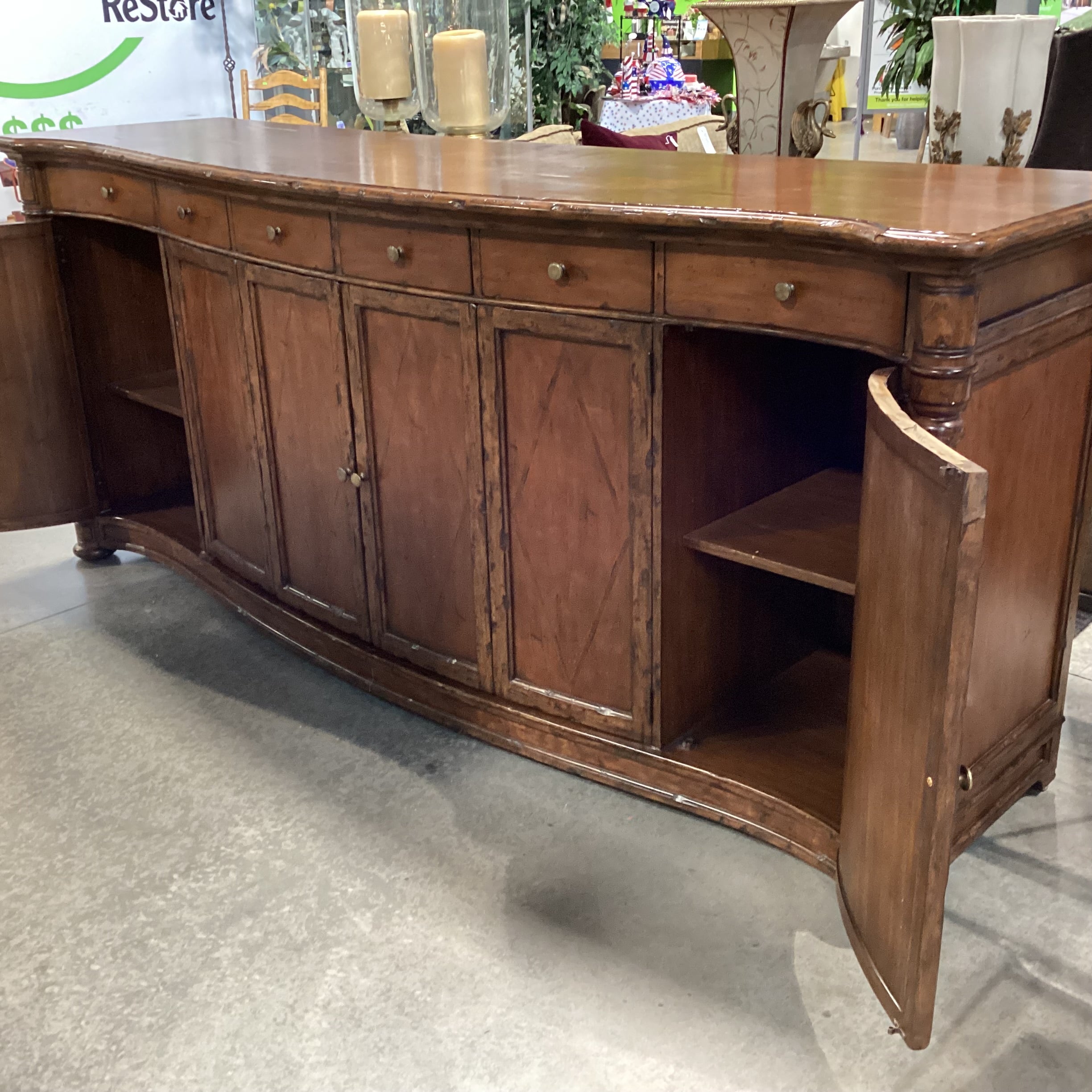 Solid Distressed Finished Carved Wood 4 Door 6 Drawer Sideboard 100.5"x 27"x 43"